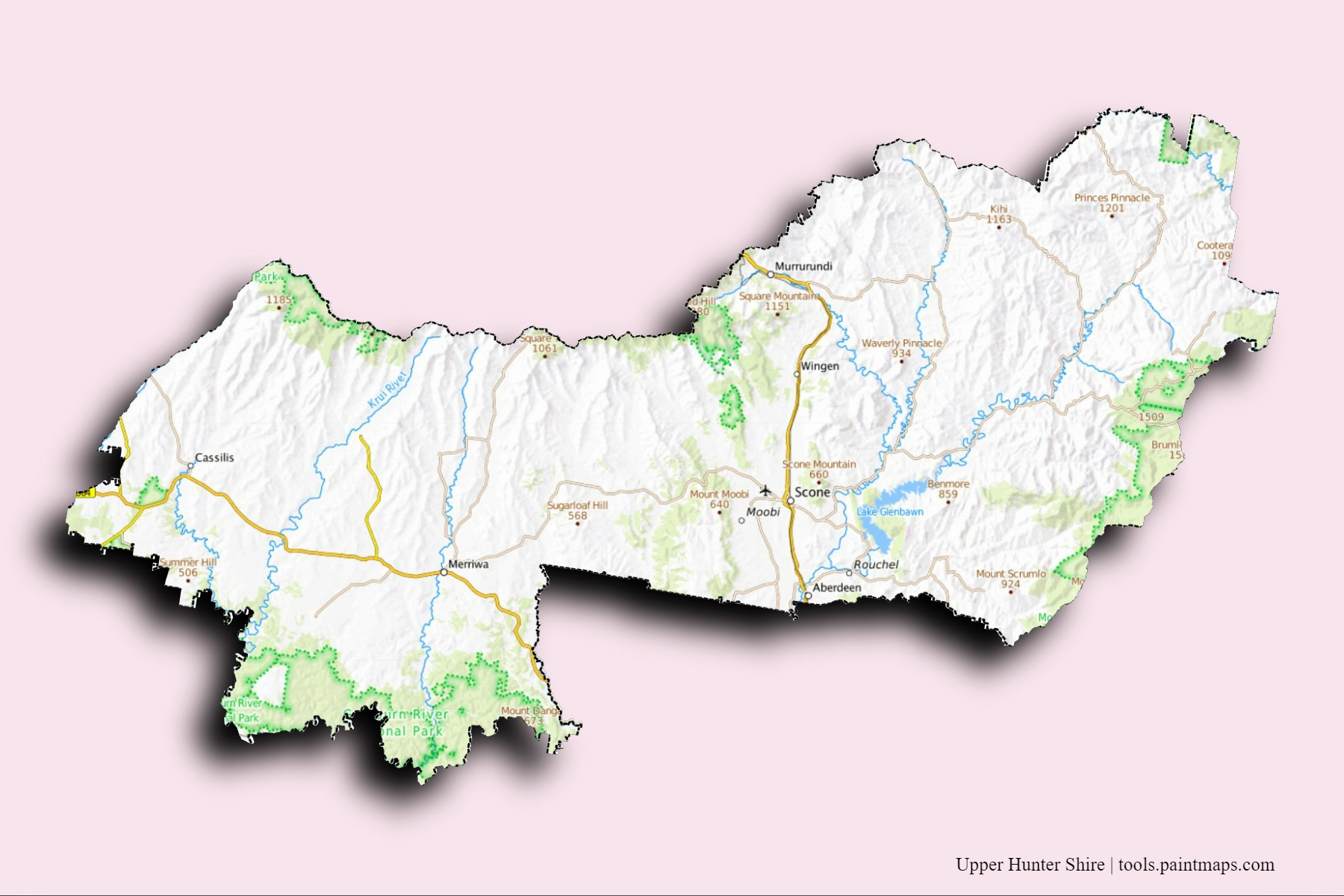 Mapa de barrios y pueblos de Upper Hunter Shire con efecto de sombra 3D