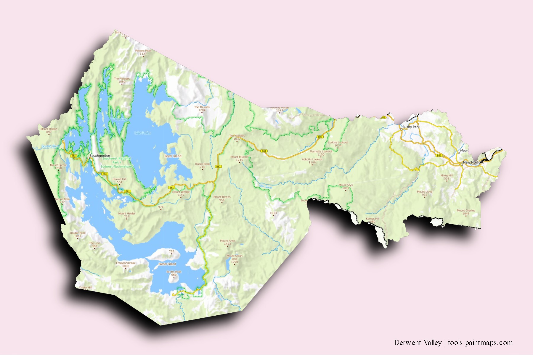 Derwent Valley neighborhoods and villages map with 3D shadow effect