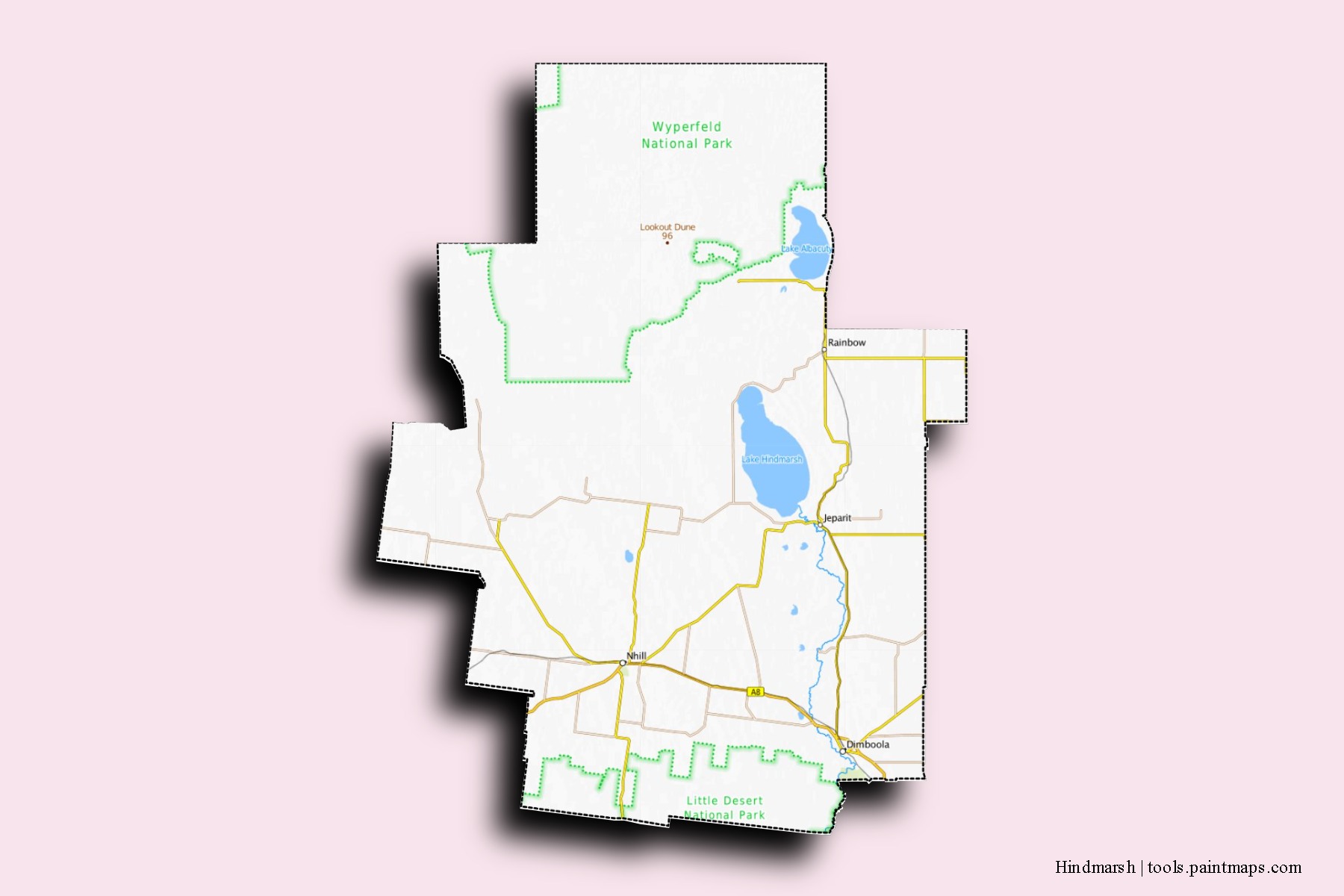 Mapa de barrios y pueblos de Hindmarsh con efecto de sombra 3D