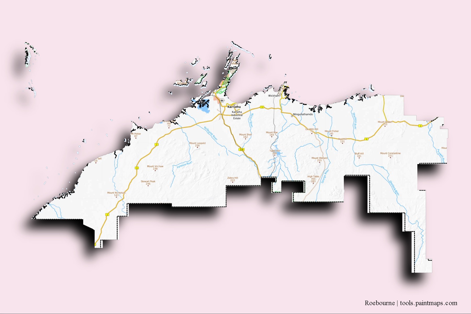 Mapa de barrios y pueblos de Roebourne con efecto de sombra 3D