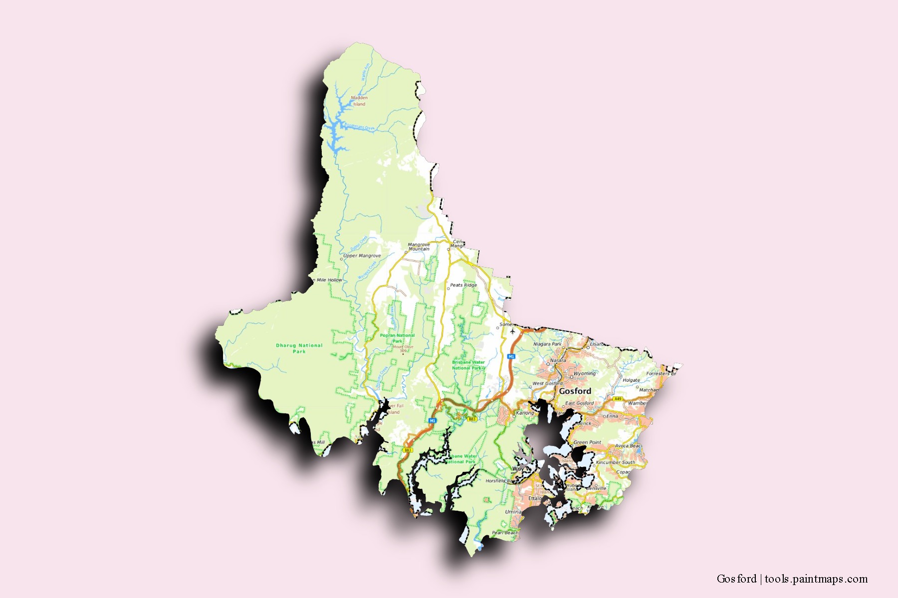 Gosford neighborhoods and villages map with 3D shadow effect