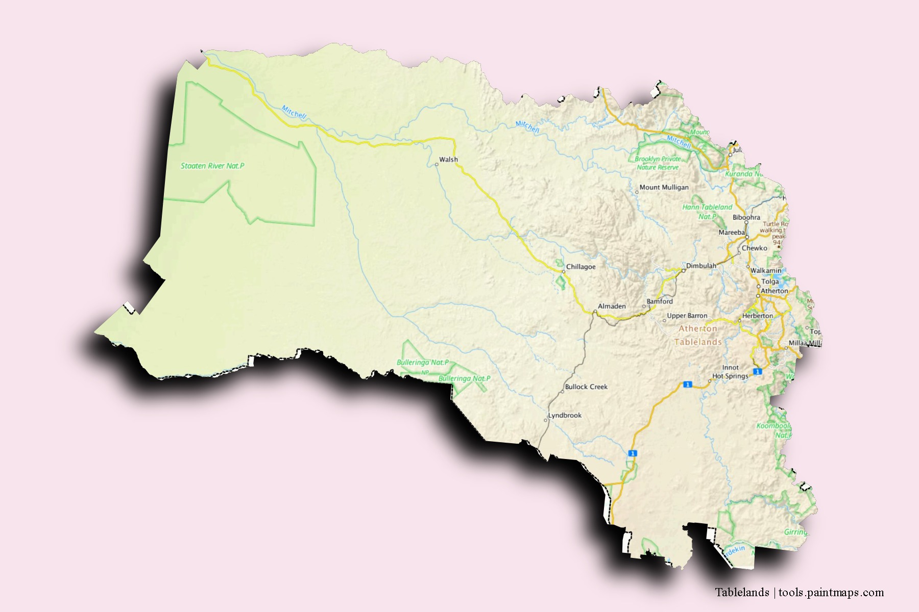 Mapa de barrios y pueblos de Tablelands con efecto de sombra 3D