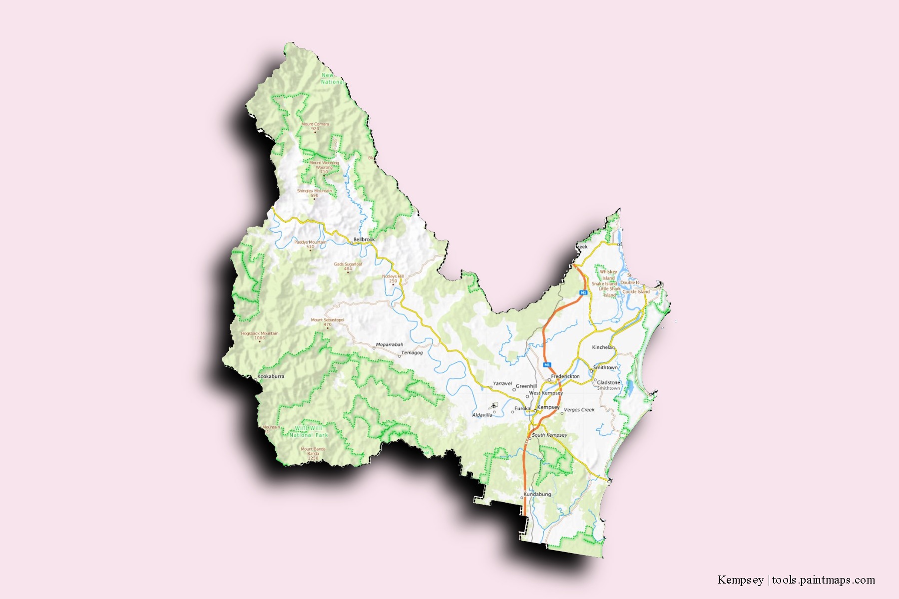 Mapa de barrios y pueblos de Kempsey con efecto de sombra 3D