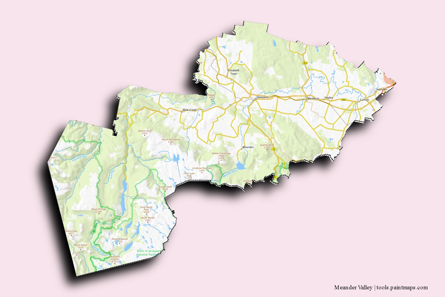 Mapa de barrios y pueblos de Meander Valley con efecto de sombra 3D