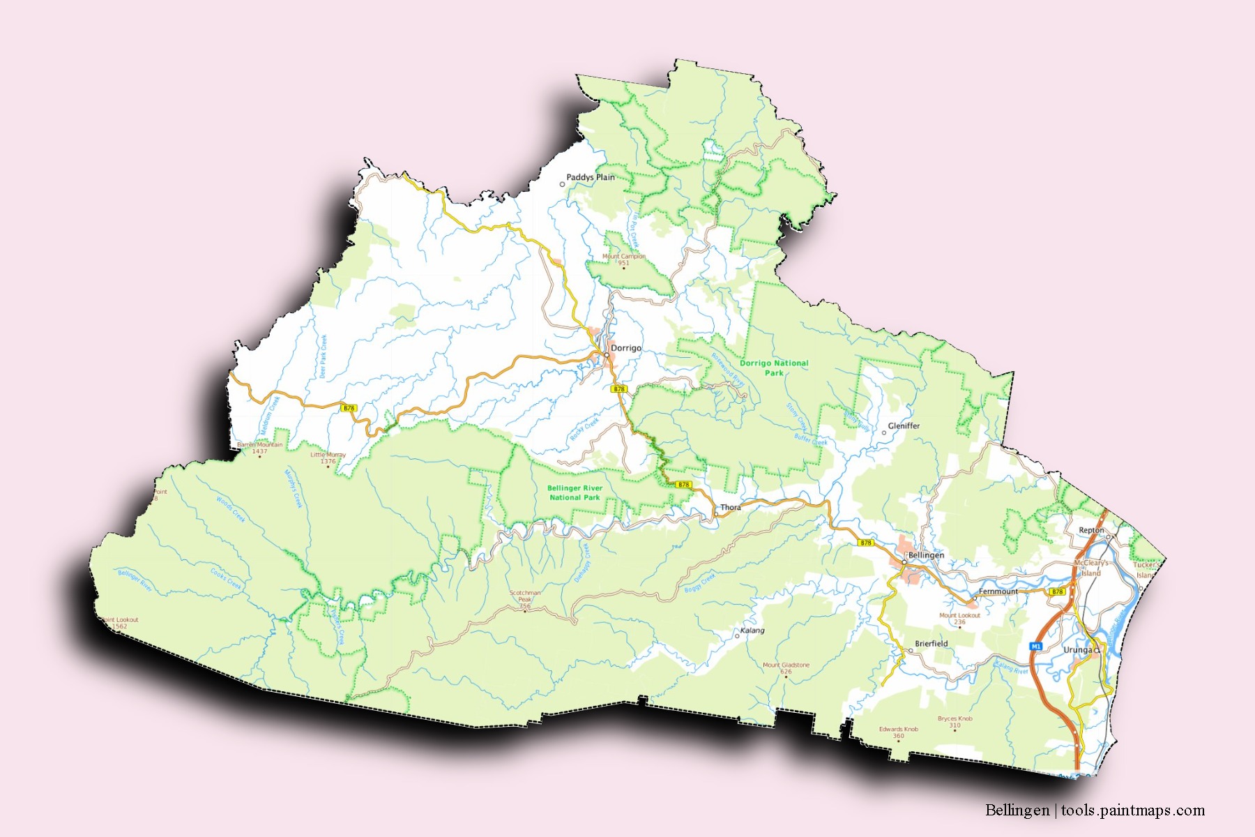 Mapa de barrios y pueblos de Bellingen con efecto de sombra 3D