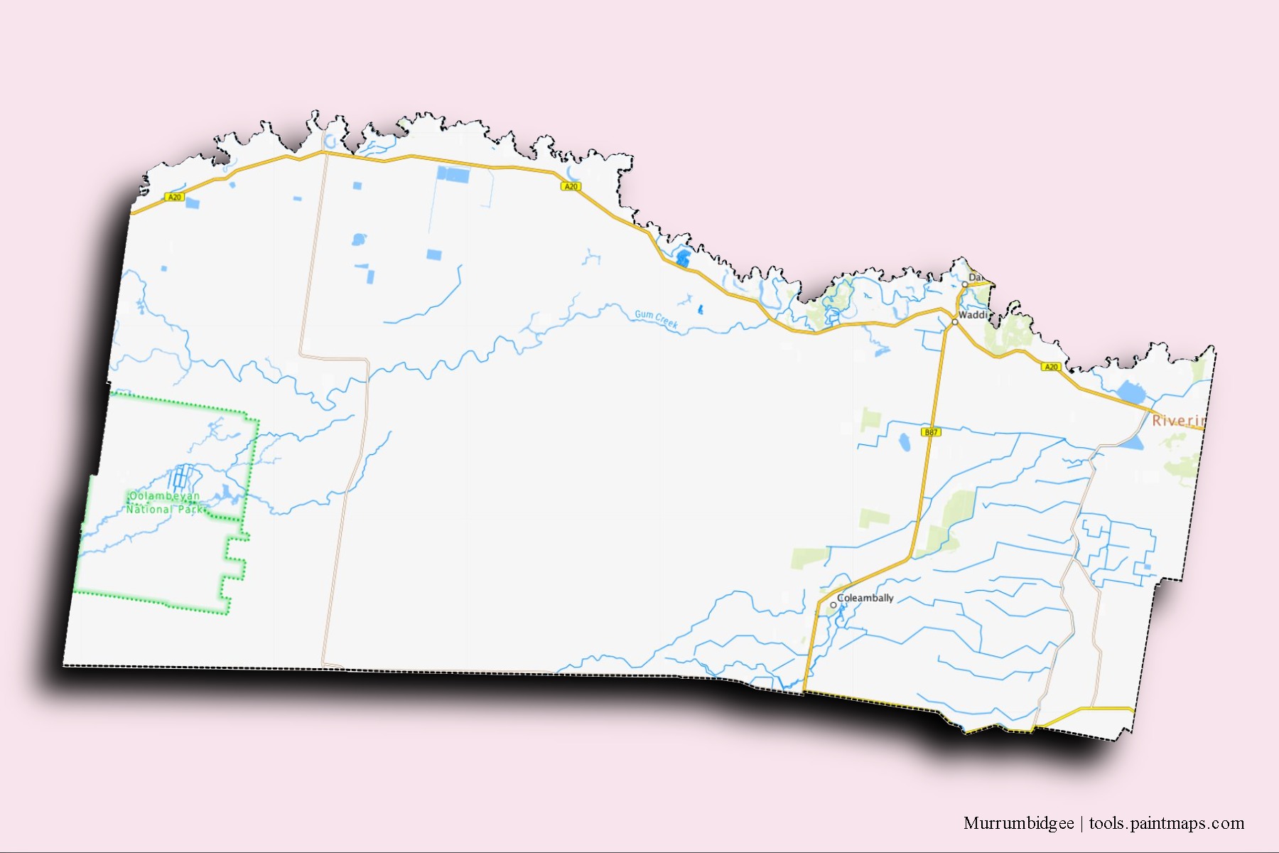 Mapa de barrios y pueblos de Murrumbidgee con efecto de sombra 3D