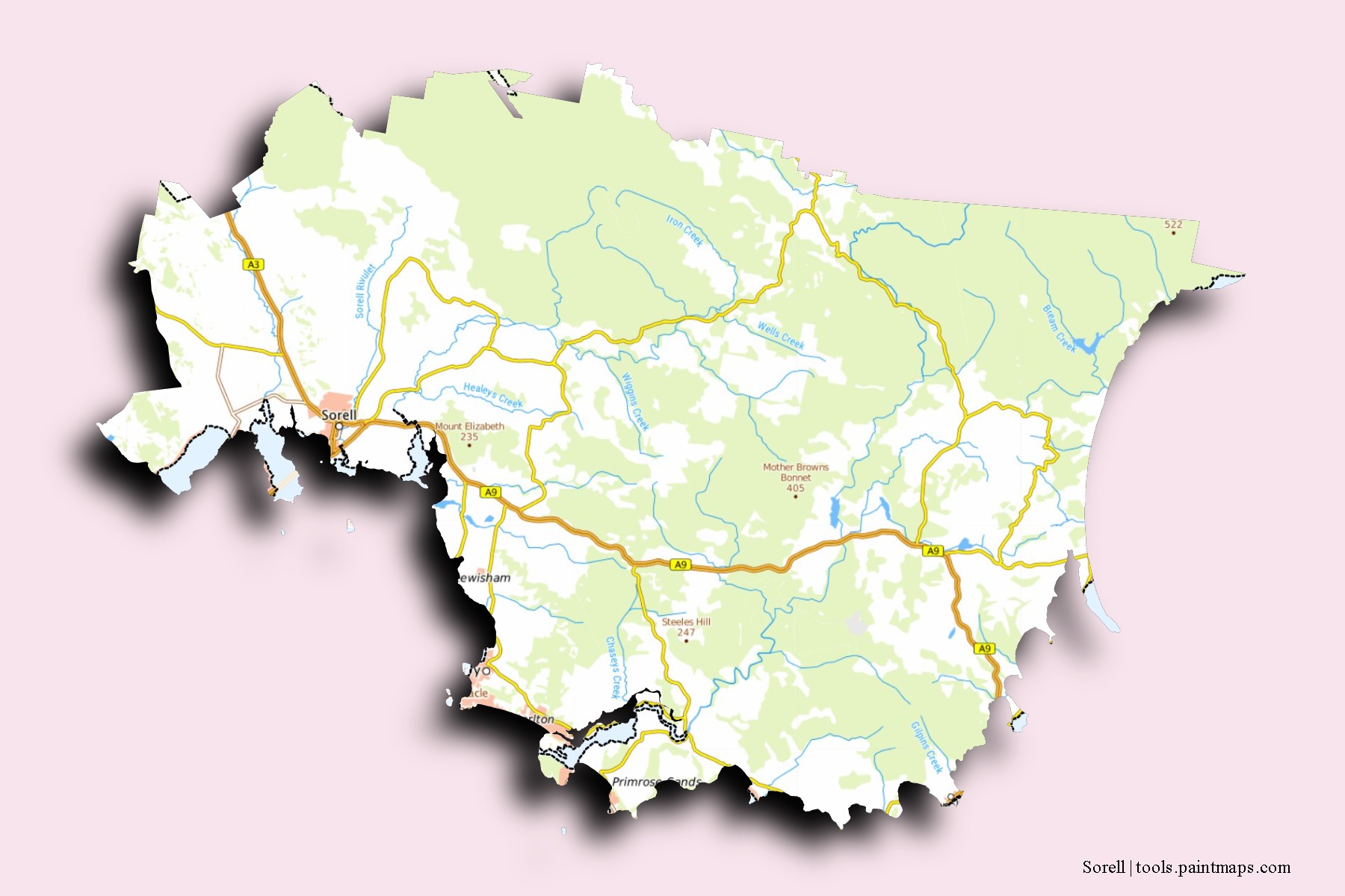 Mapa de barrios y pueblos de Sorell con efecto de sombra 3D