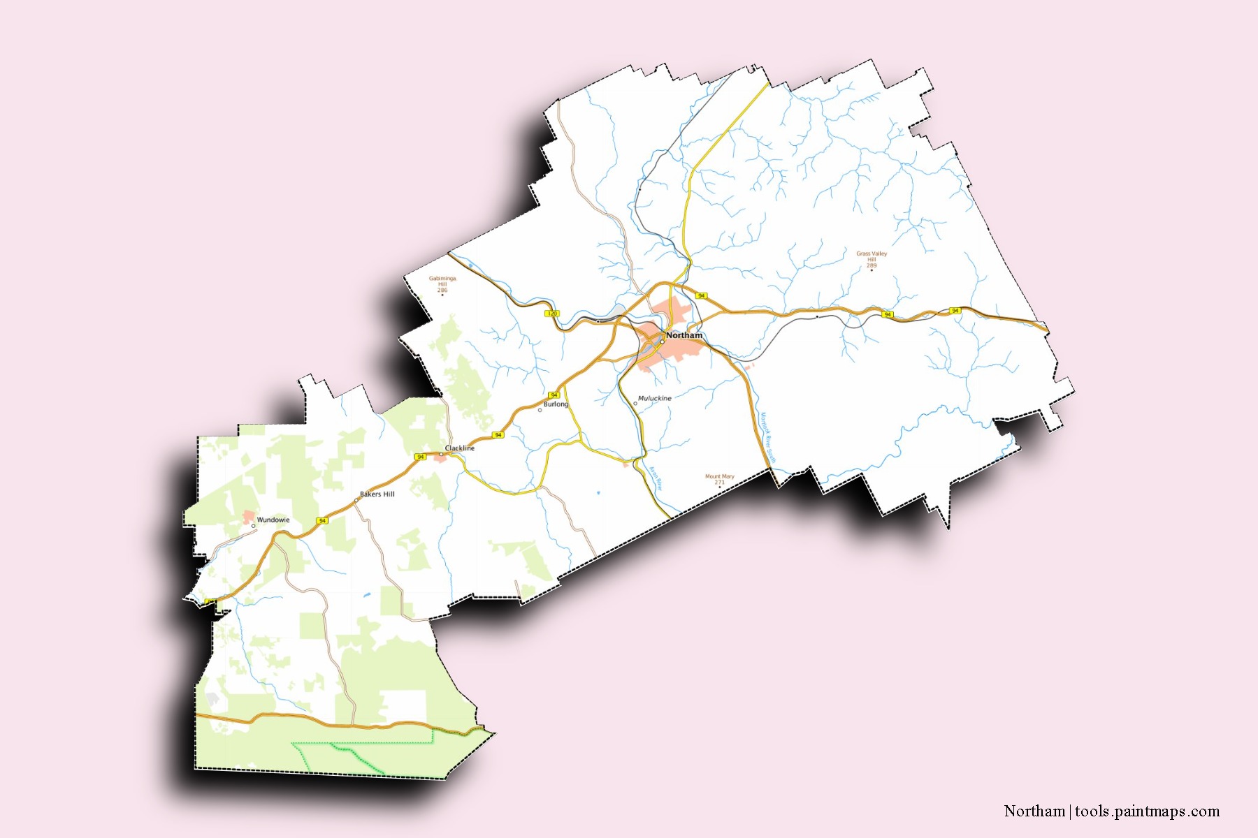 Northam neighborhoods and villages map with 3D shadow effect