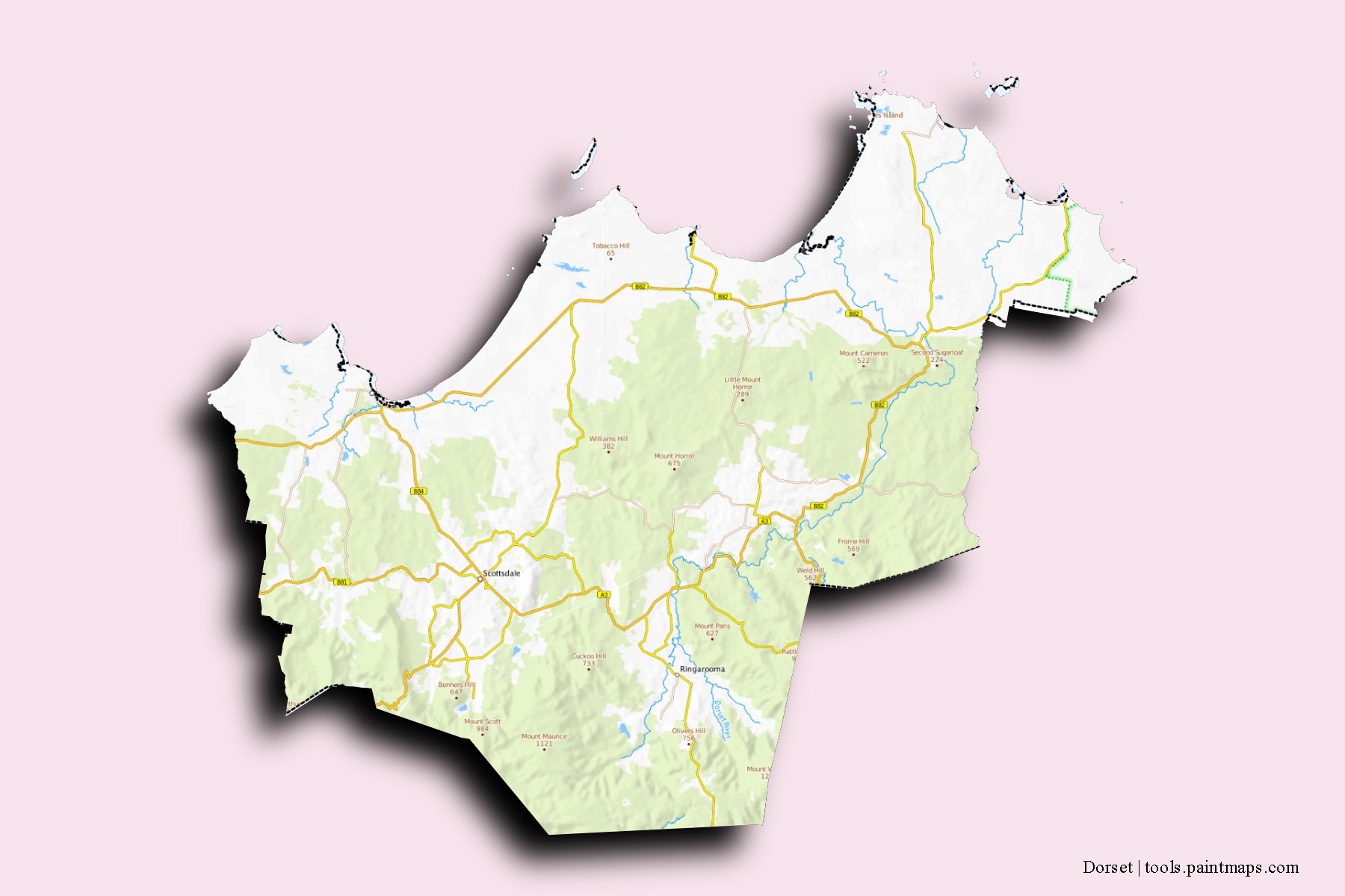 Mapa de barrios y pueblos de Dorset con efecto de sombra 3D