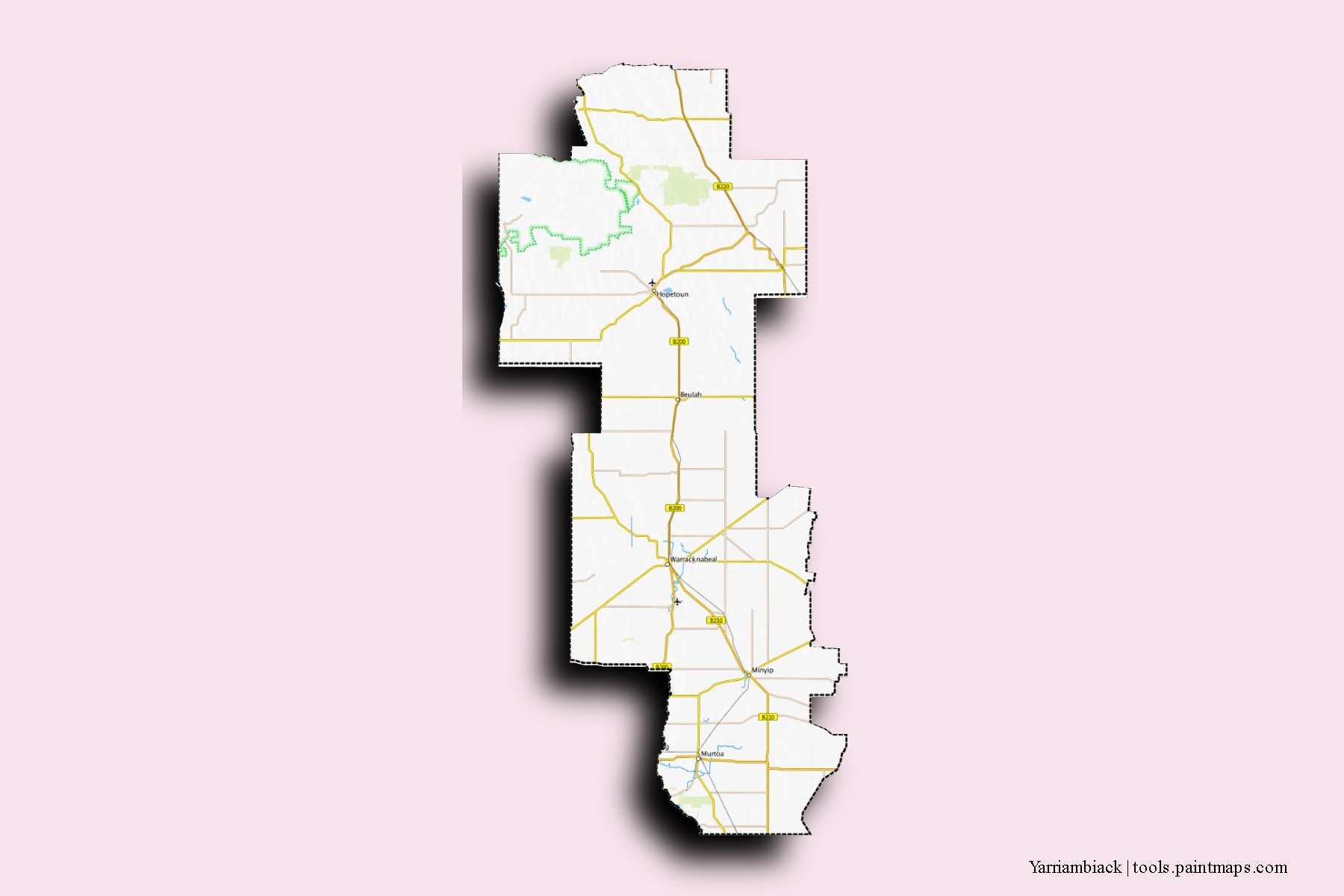 Mapa de barrios y pueblos de Yarriambiack con efecto de sombra 3D