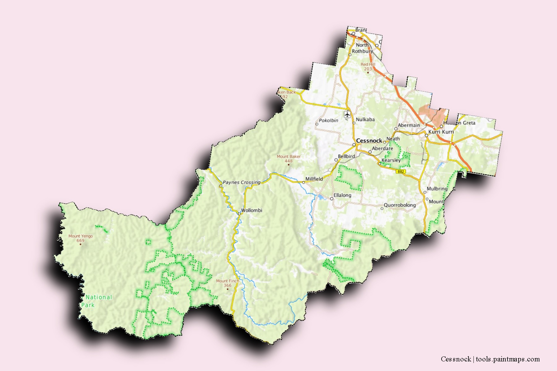 Mapa de barrios y pueblos de Cessnock con efecto de sombra 3D