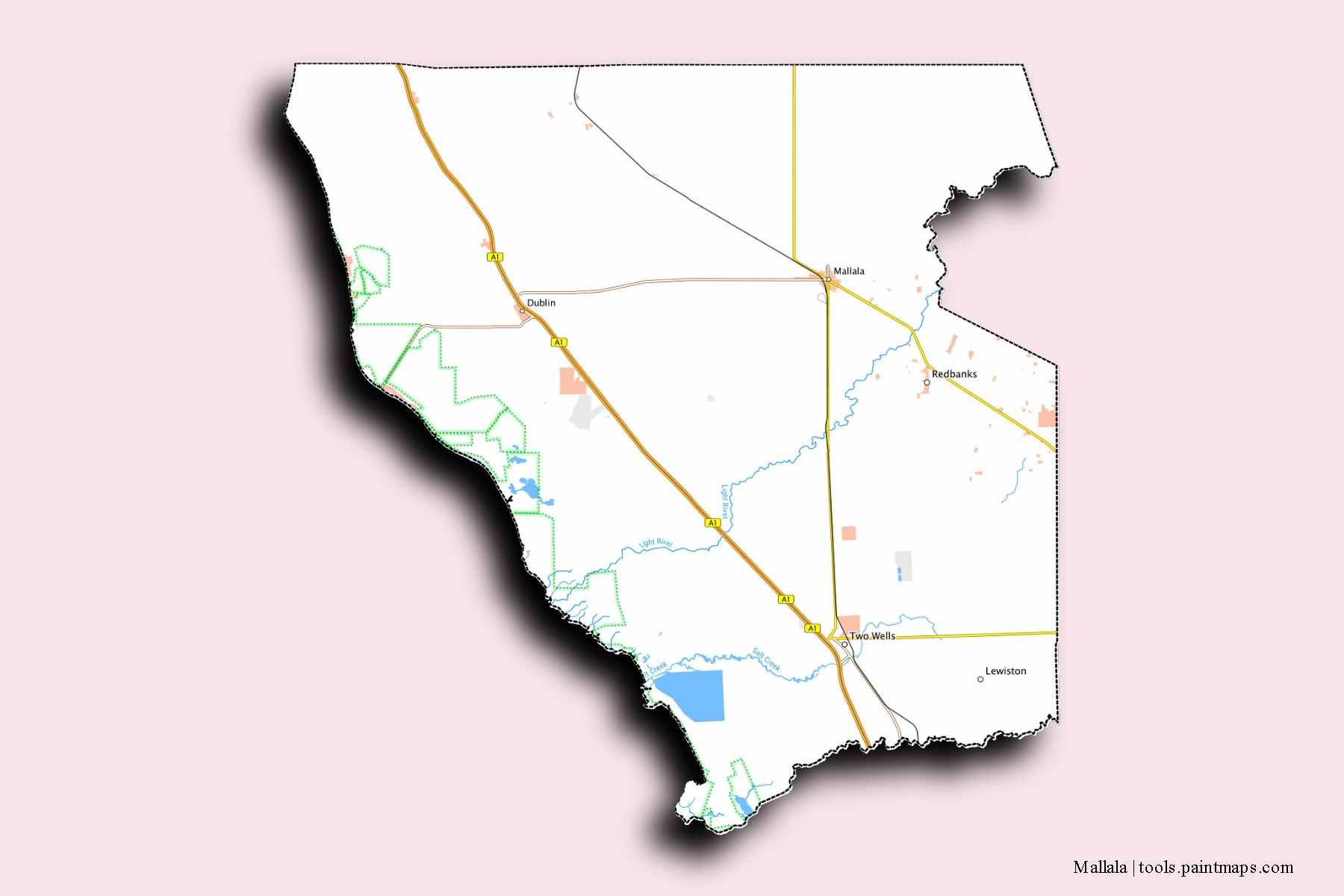 Mallala neighborhoods and villages map with 3D shadow effect