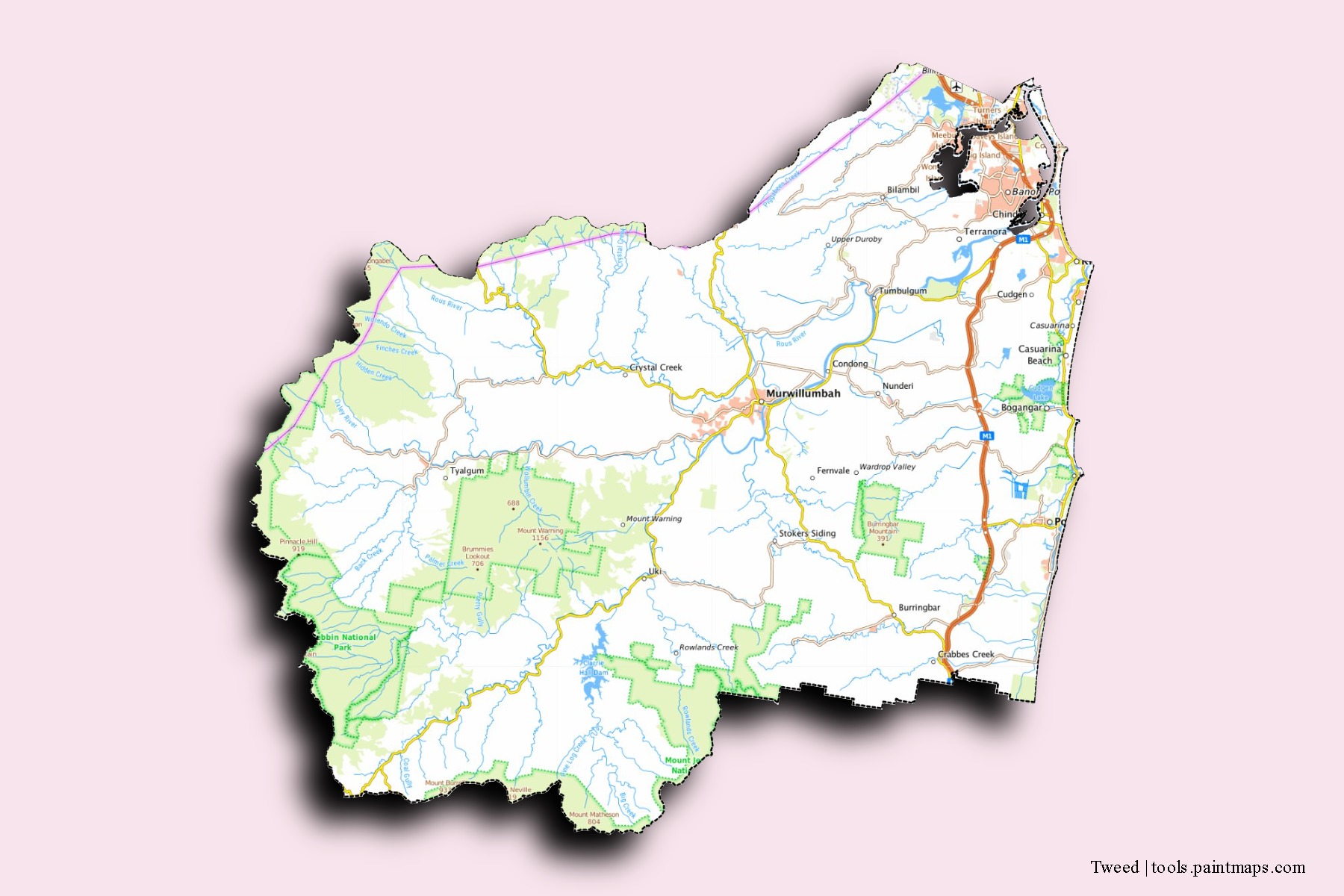 Mapa de barrios y pueblos de Tweed con efecto de sombra 3D