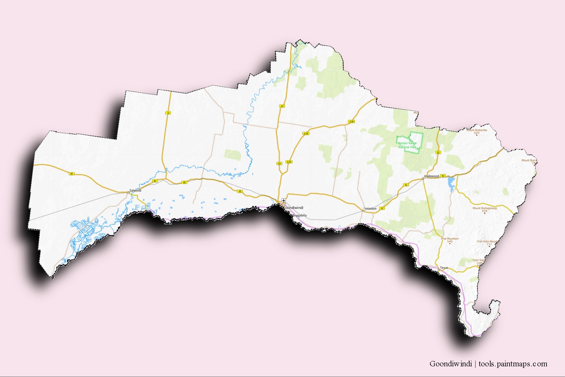 Mapa de barrios y pueblos de Goondiwindi con efecto de sombra 3D