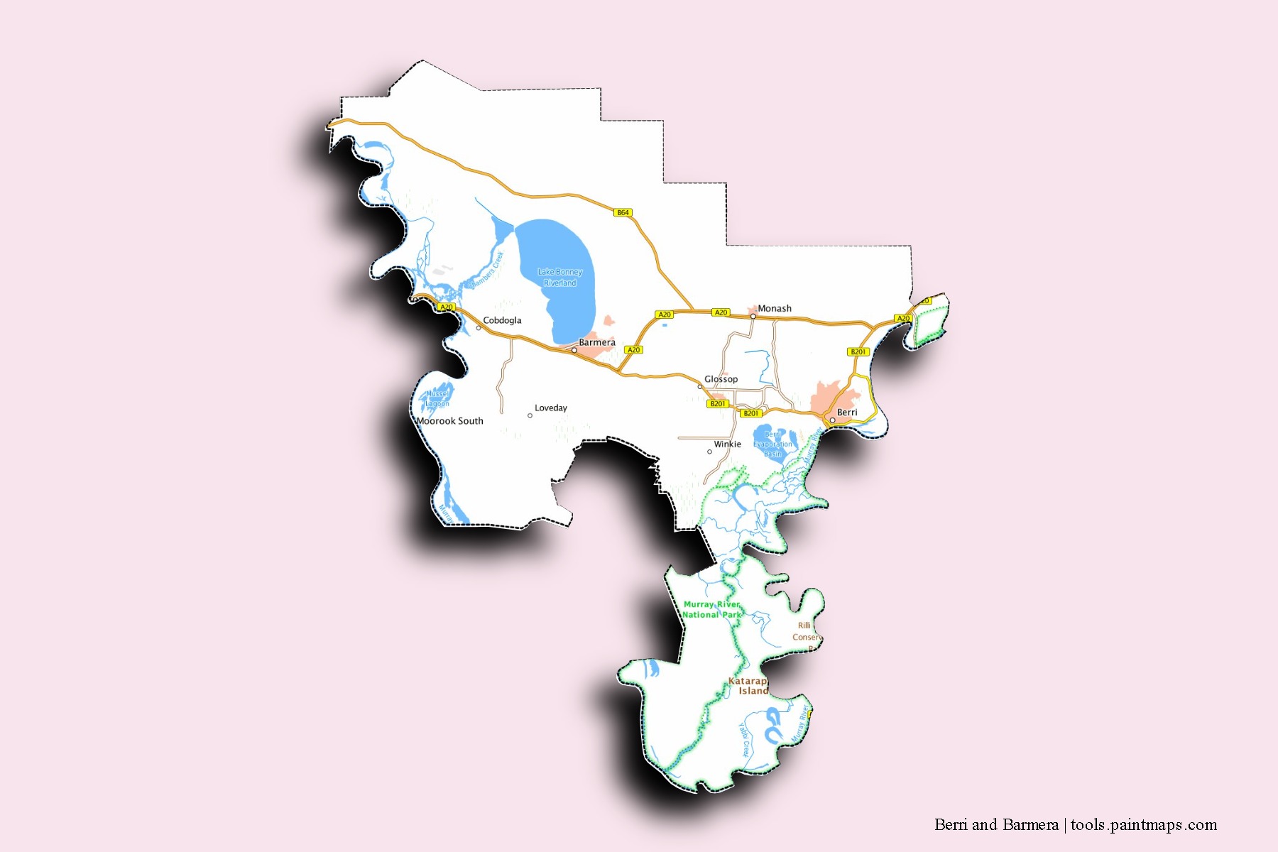 Berri and Barmera neighborhoods and villages map with 3D shadow effect