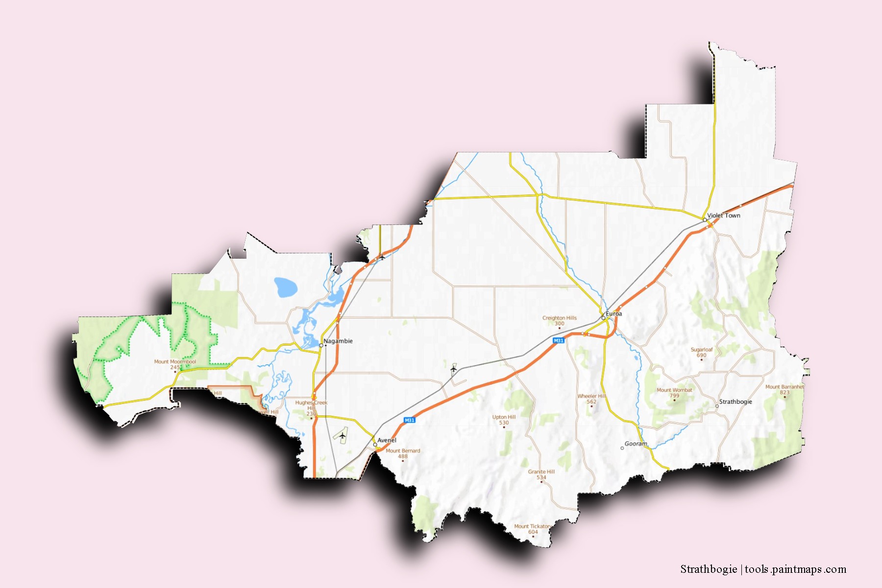 Strathbogie neighborhoods and villages map with 3D shadow effect