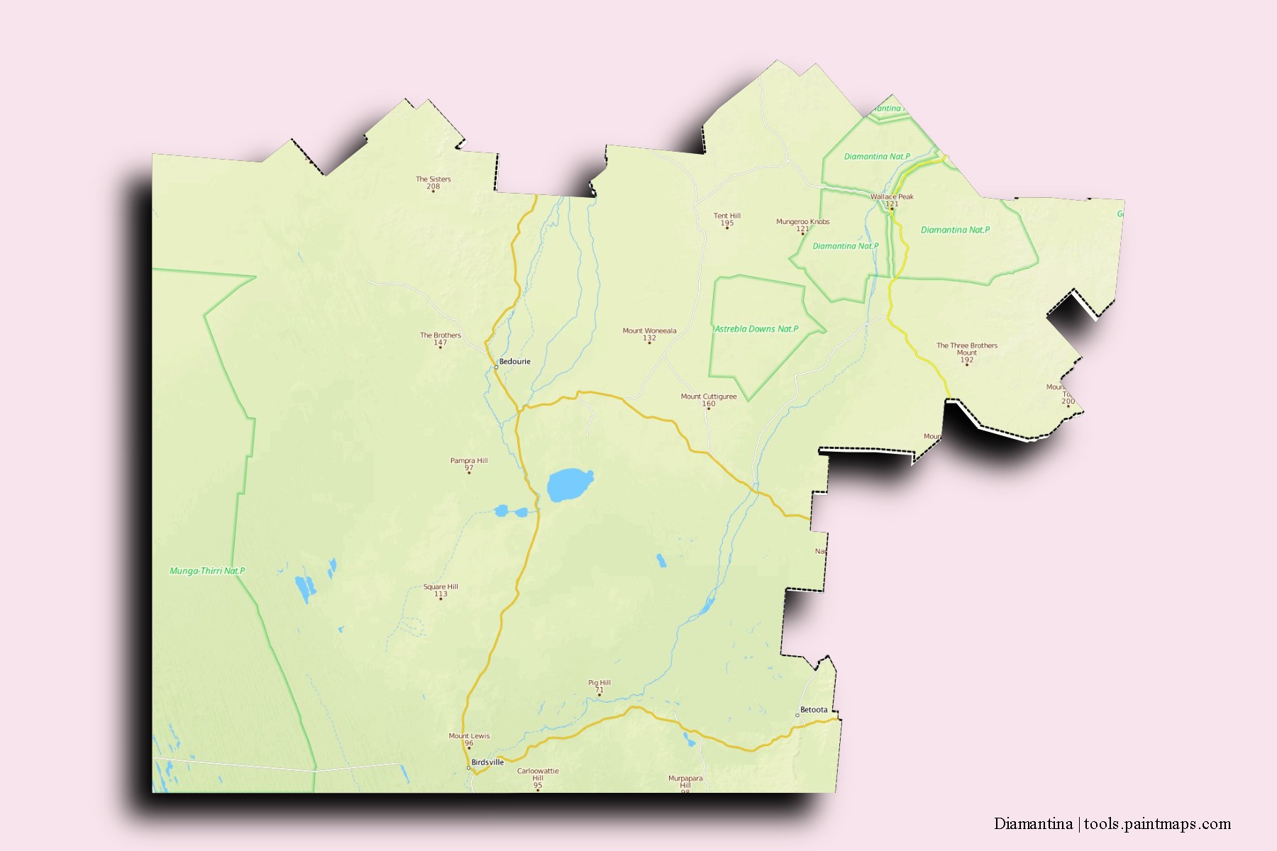 Mapa de barrios y pueblos de Diamantina con efecto de sombra 3D