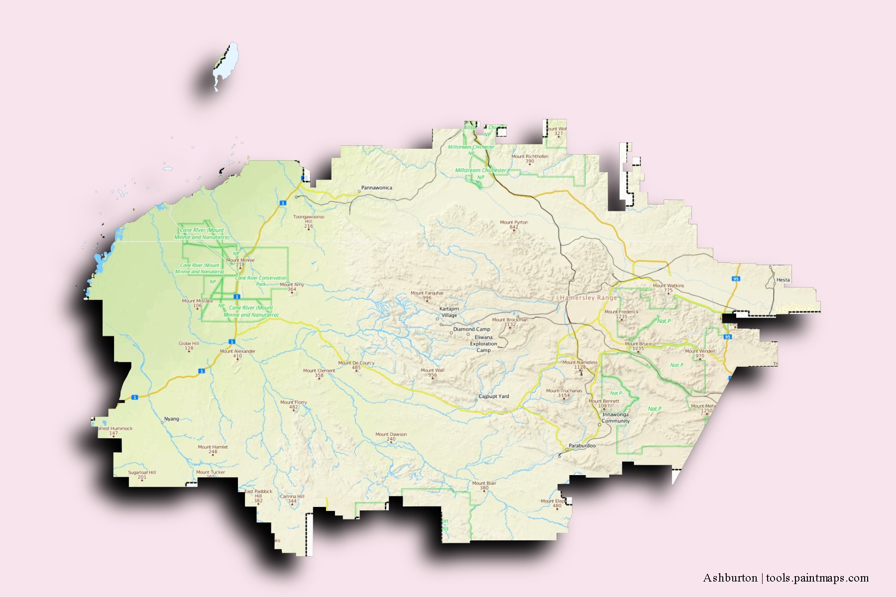 Ashburton neighborhoods and villages map with 3D shadow effect