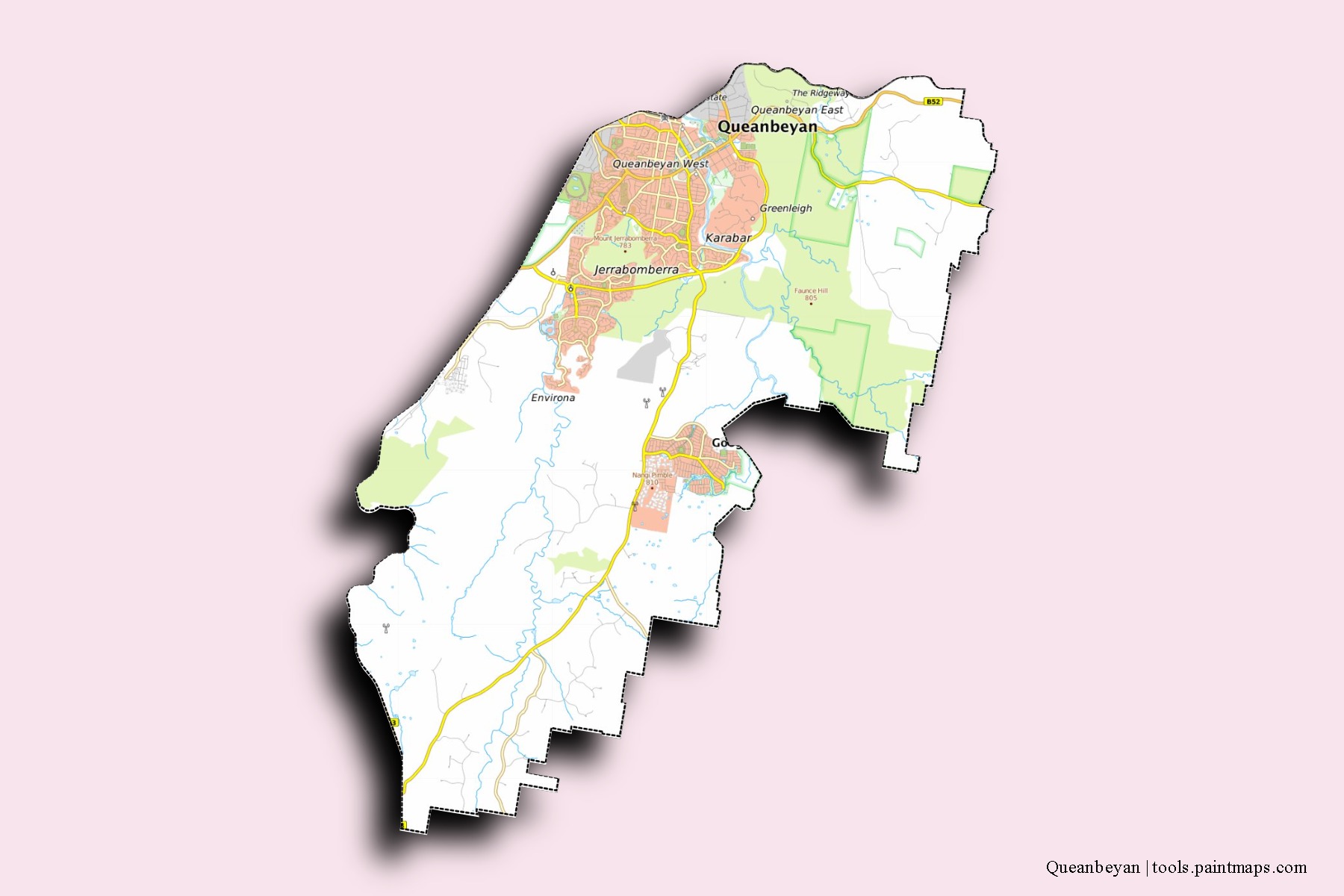 3D gölge efektli Queanbeyan mahalleleri ve köyleri haritası