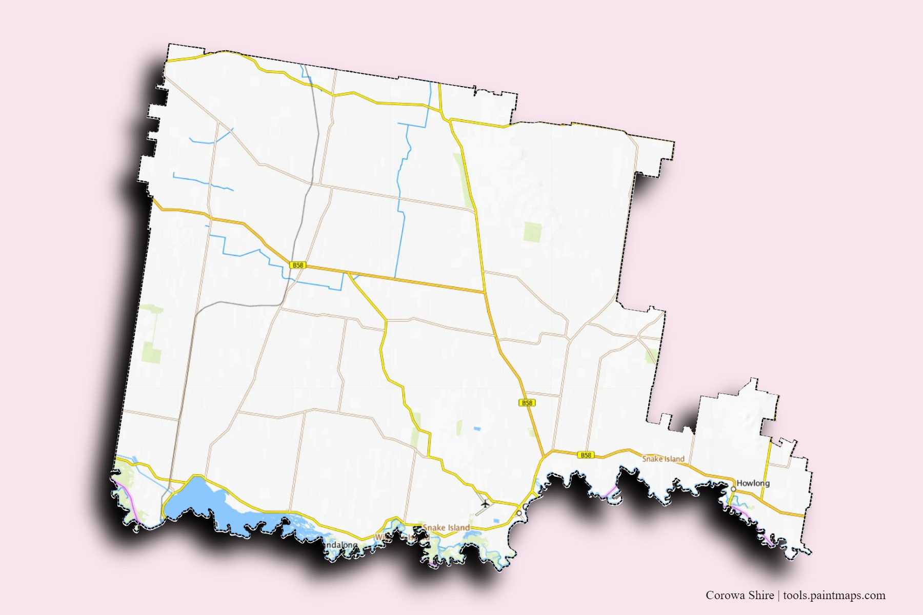 Corowa Shire neighborhoods and villages map with 3D shadow effect