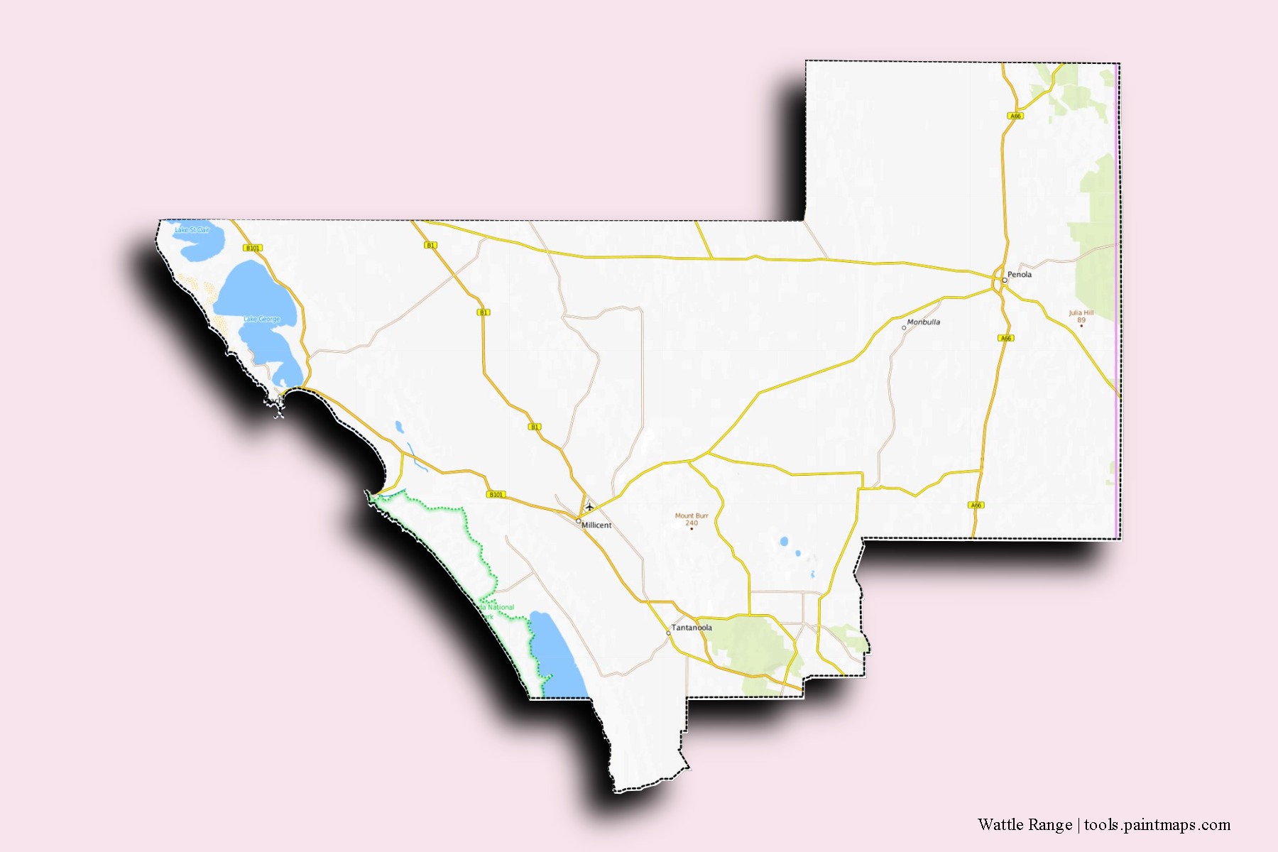 Mapa de barrios y pueblos de Wattle Range con efecto de sombra 3D