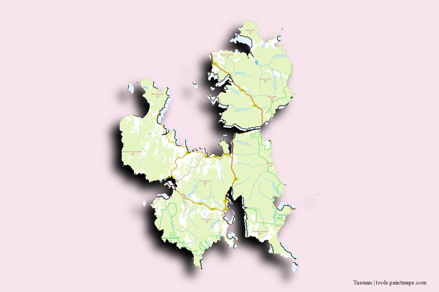 Tasman neighborhoods and villages map with 3D shadow effect