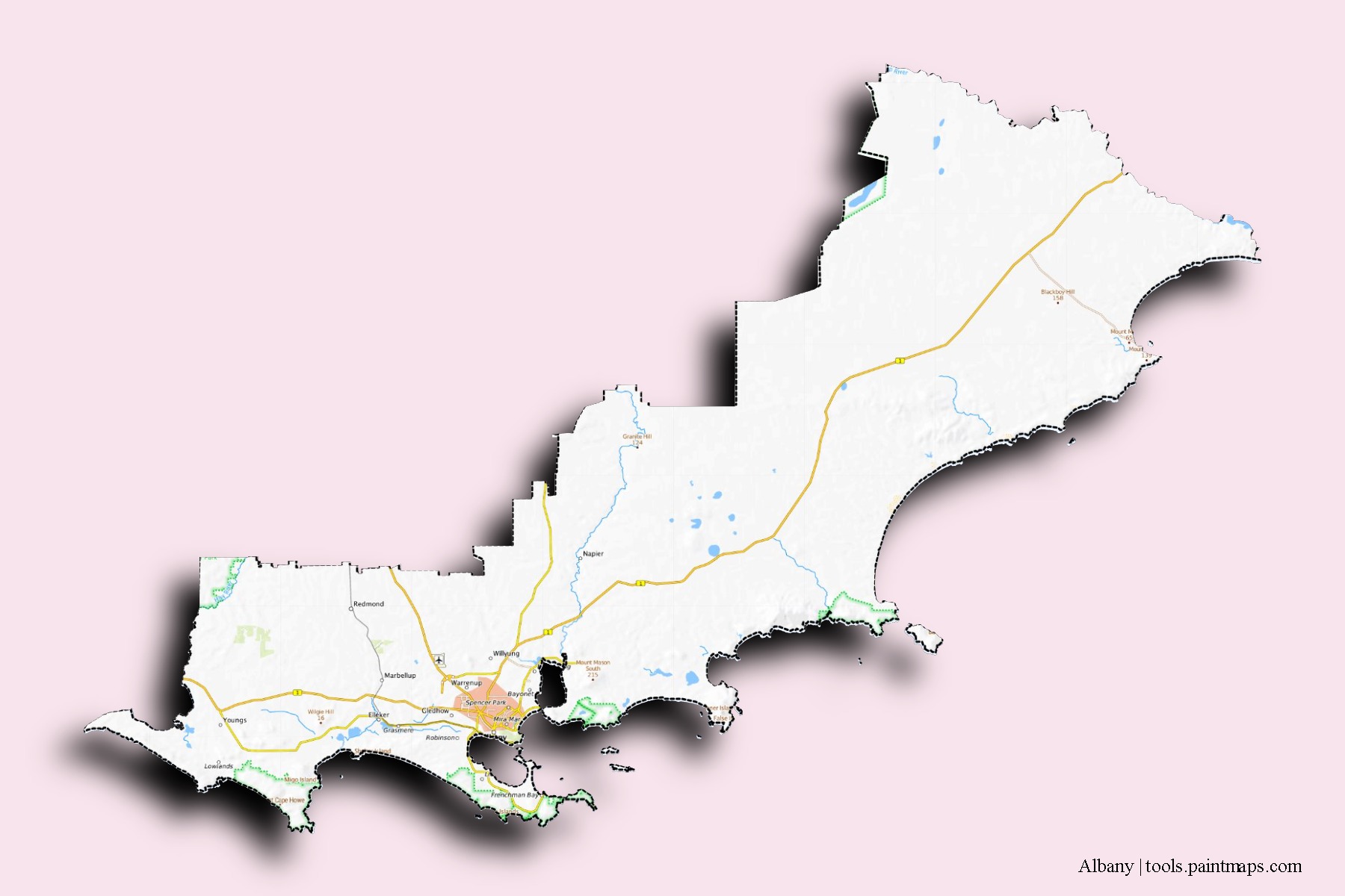 Mapa de barrios y pueblos de Albany con efecto de sombra 3D