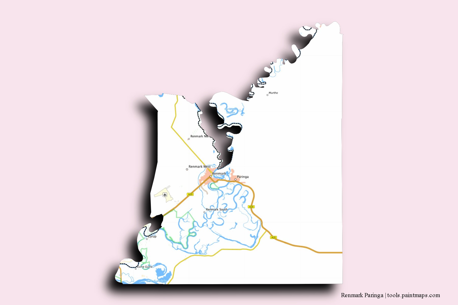 Renmark Paringa neighborhoods and villages map with 3D shadow effect