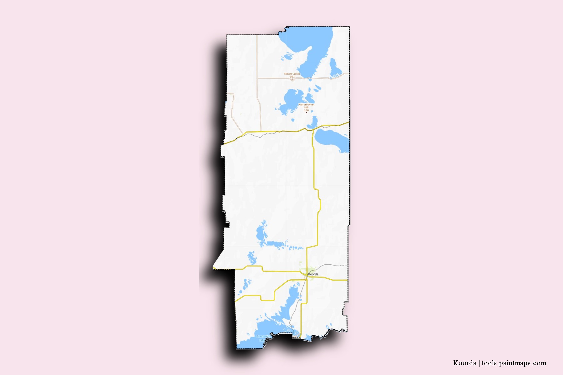Mapa de barrios y pueblos de Koorda con efecto de sombra 3D