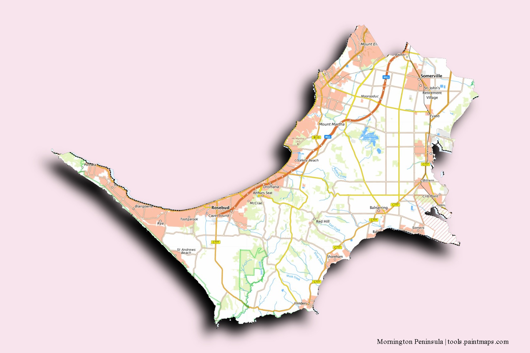 Mornington Peninsula neighborhoods and villages map with 3D shadow effect