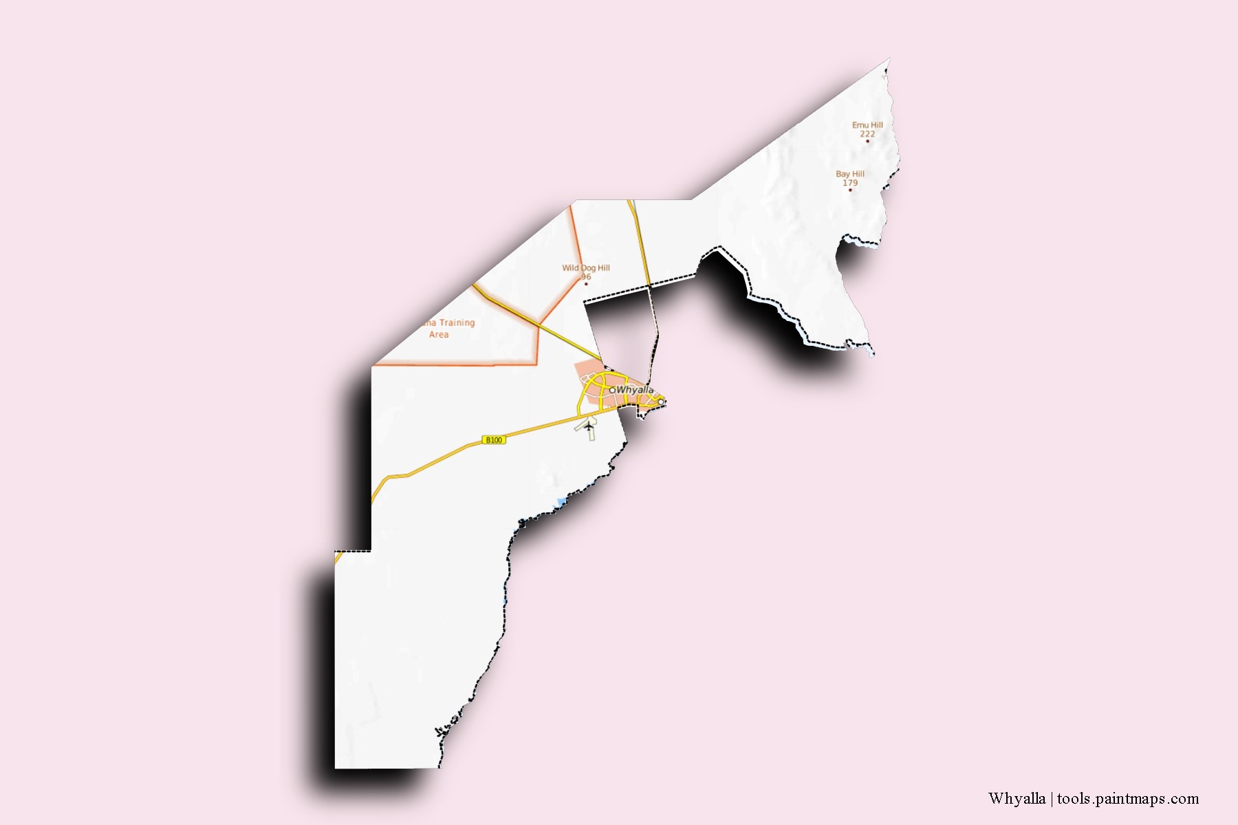 Mapa de barrios y pueblos de Whyalla con efecto de sombra 3D