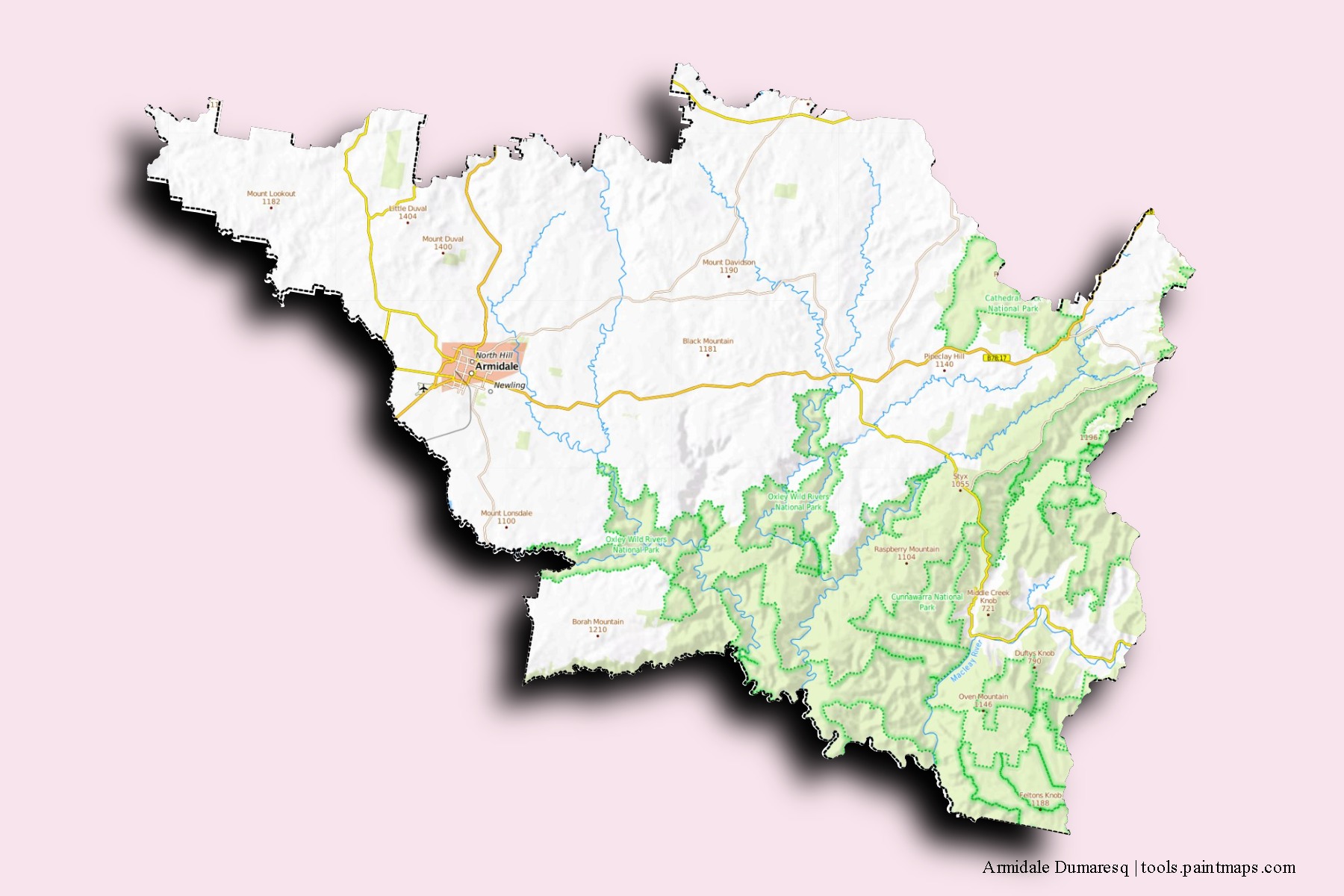 Armidale Dumaresq neighborhoods and villages map with 3D shadow effect