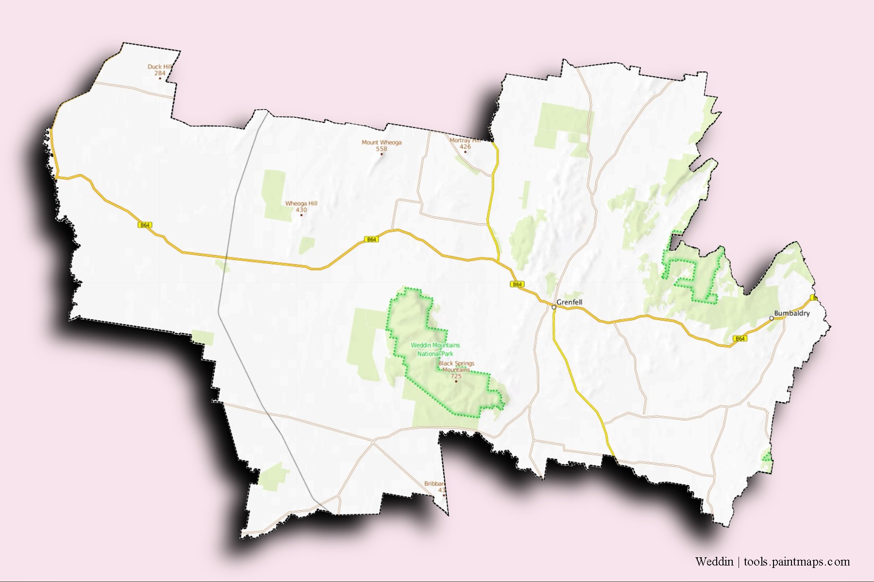 Mapa de barrios y pueblos de Weddin con efecto de sombra 3D