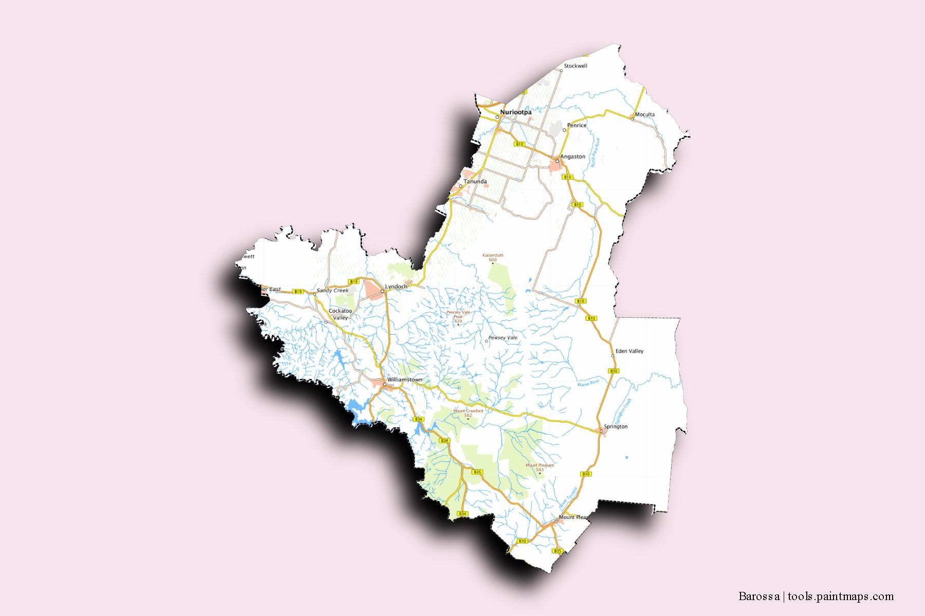 Barossa neighborhoods and villages map with 3D shadow effect