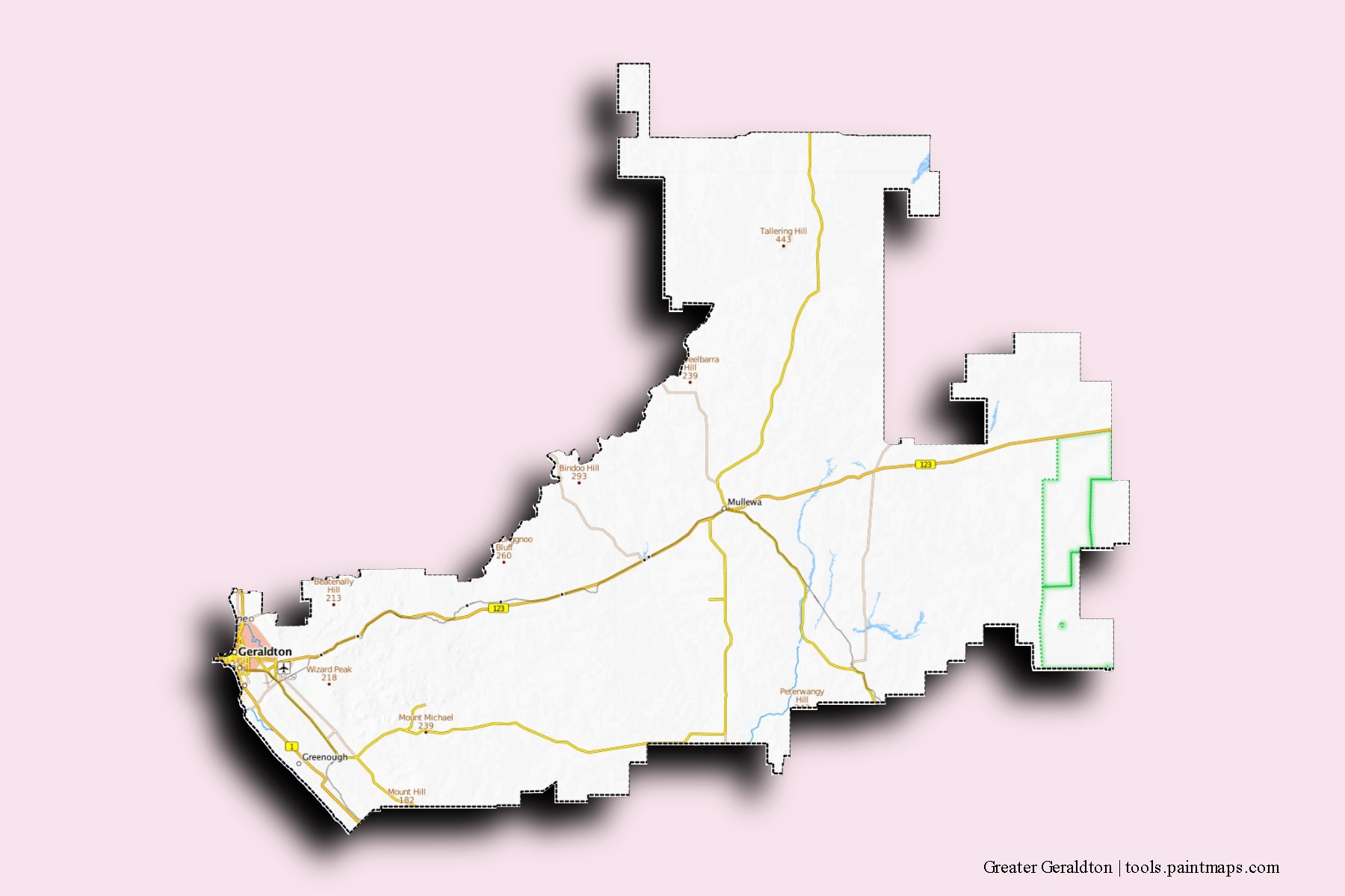 Greater Geraldton neighborhoods and villages map with 3D shadow effect