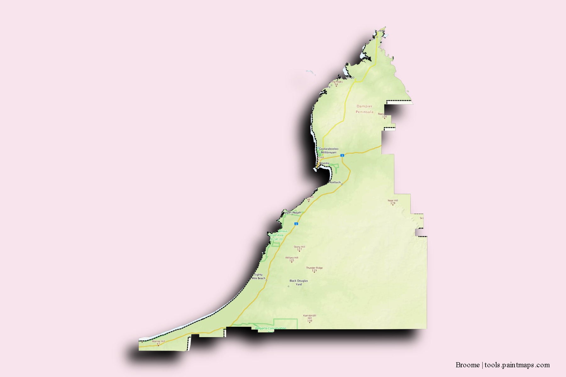 Broome neighborhoods and villages map with 3D shadow effect