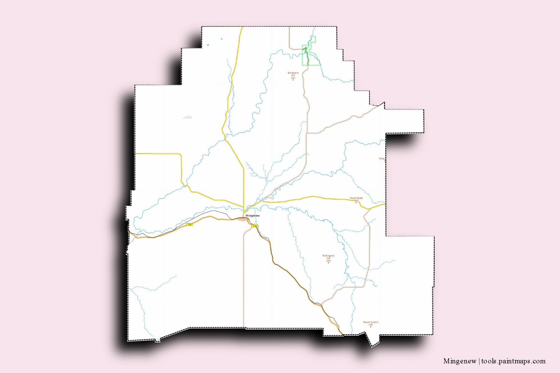 Mingenew neighborhoods and villages map with 3D shadow effect