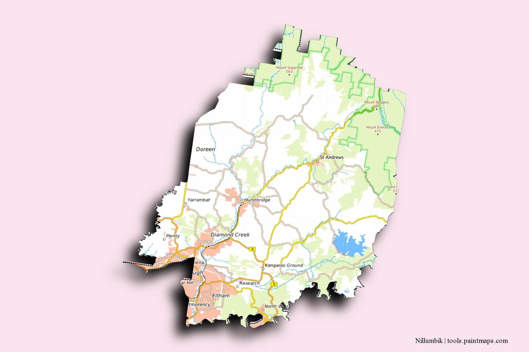 Mapa de barrios y pueblos de Nillumbik con efecto de sombra 3D