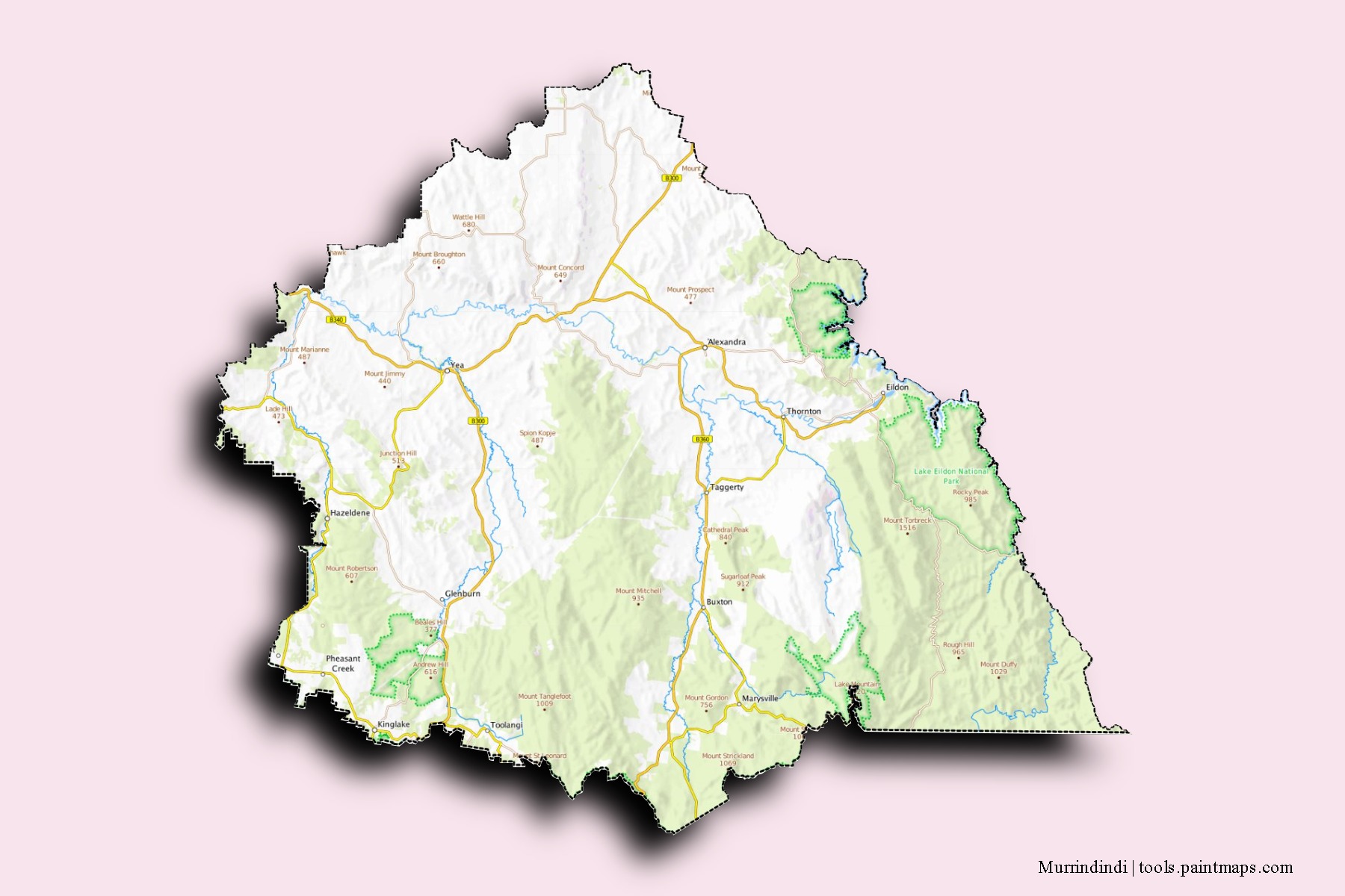 Mapa de barrios y pueblos de Murrindindi con efecto de sombra 3D