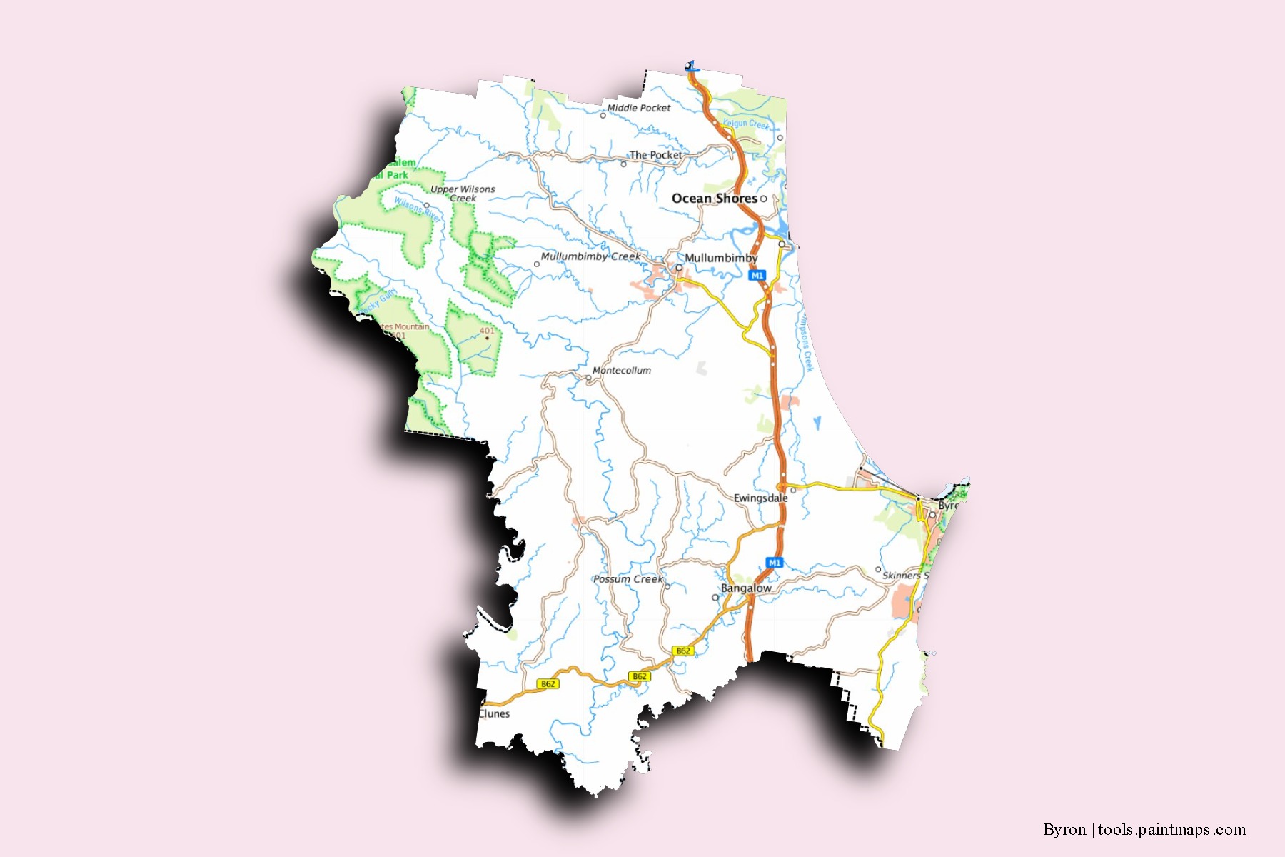 Mapa de barrios y pueblos de Byron con efecto de sombra 3D