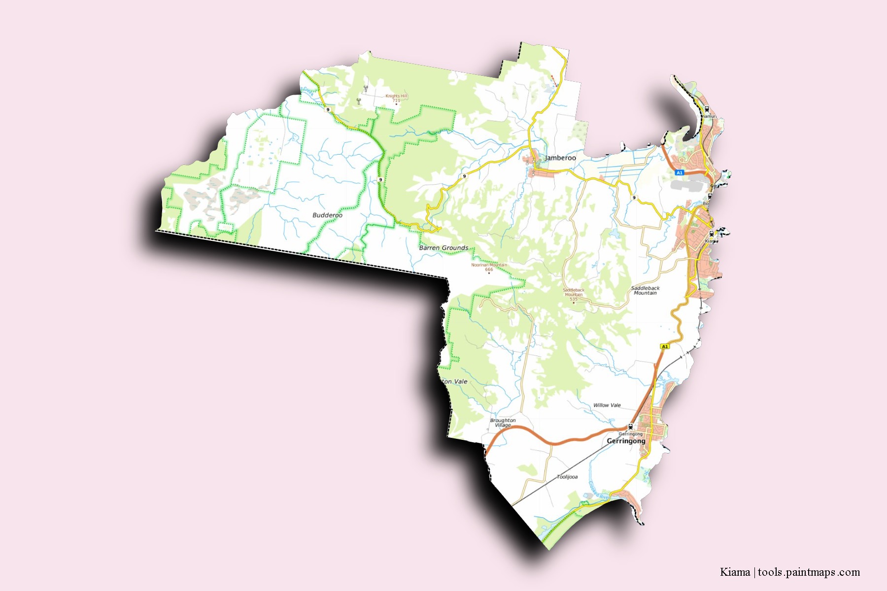 Mapa de barrios y pueblos de Kiama con efecto de sombra 3D