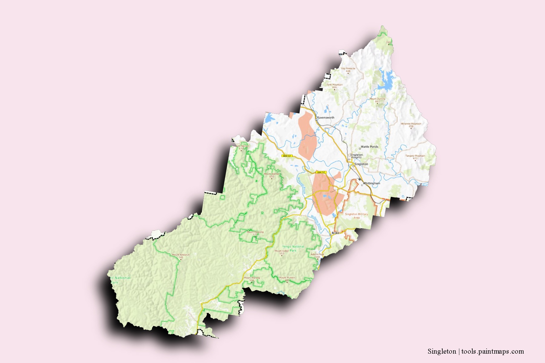 Mapa de barrios y pueblos de Singleton con efecto de sombra 3D