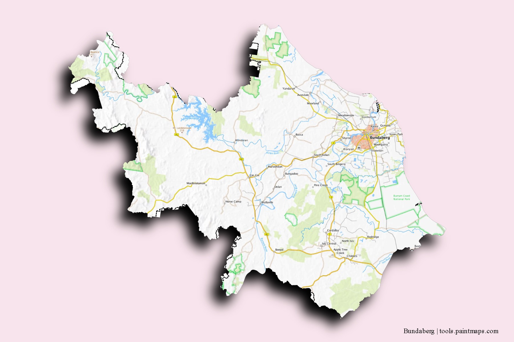 Mapa de barrios y pueblos de Bundaberg con efecto de sombra 3D