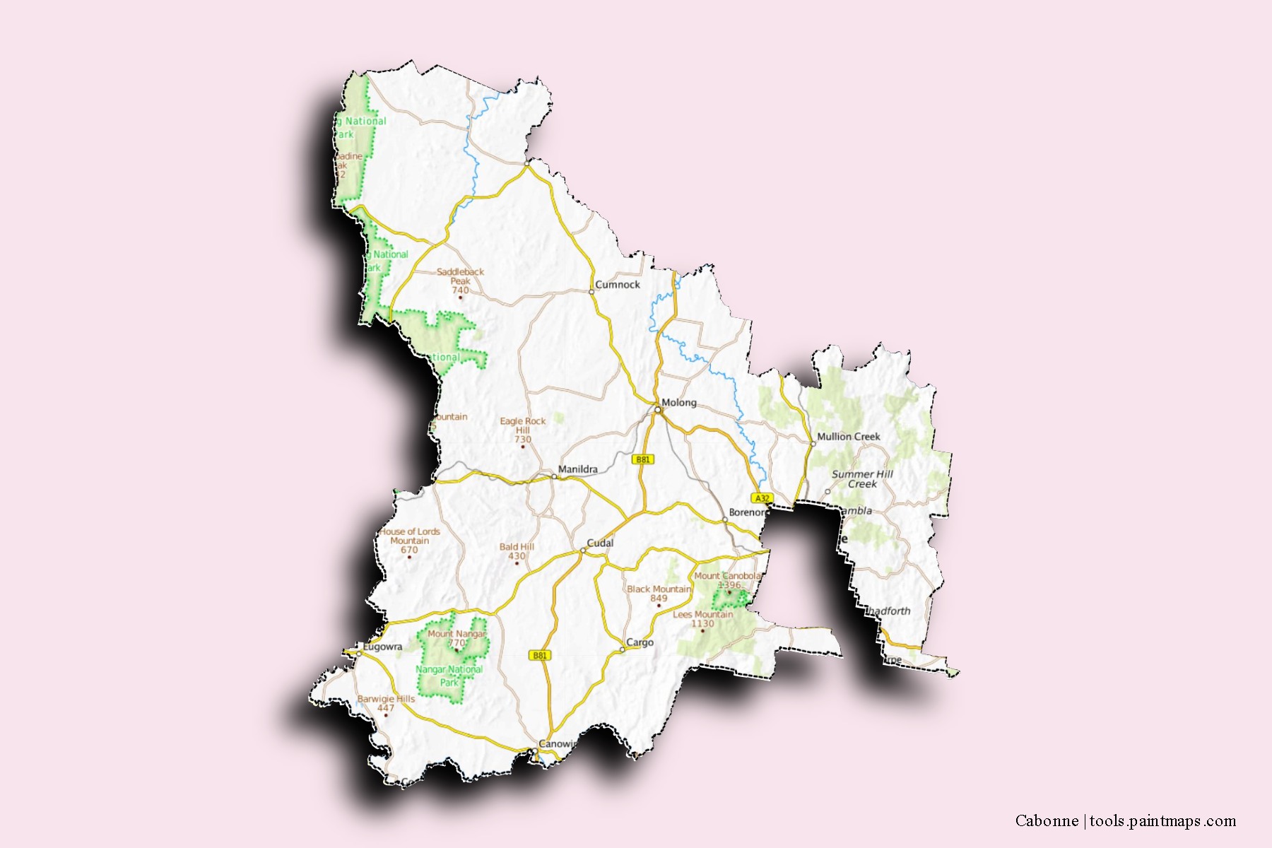 Mapa de barrios y pueblos de Cabonne con efecto de sombra 3D