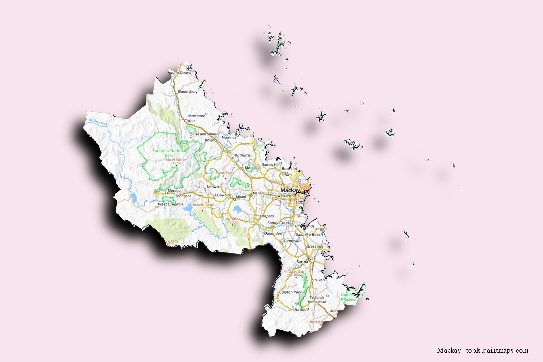 Mackay neighborhoods and villages map with 3D shadow effect