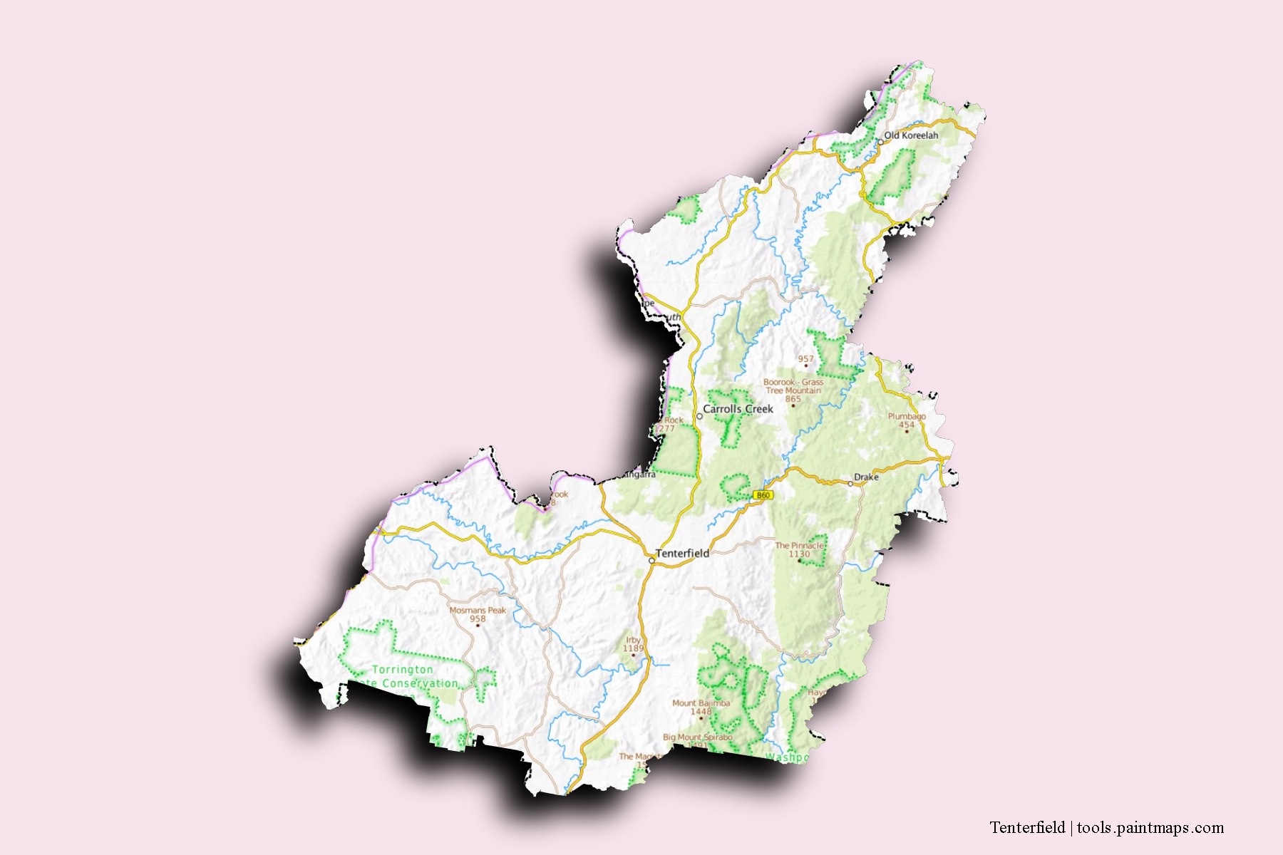 Tenterfield neighborhoods and villages map with 3D shadow effect