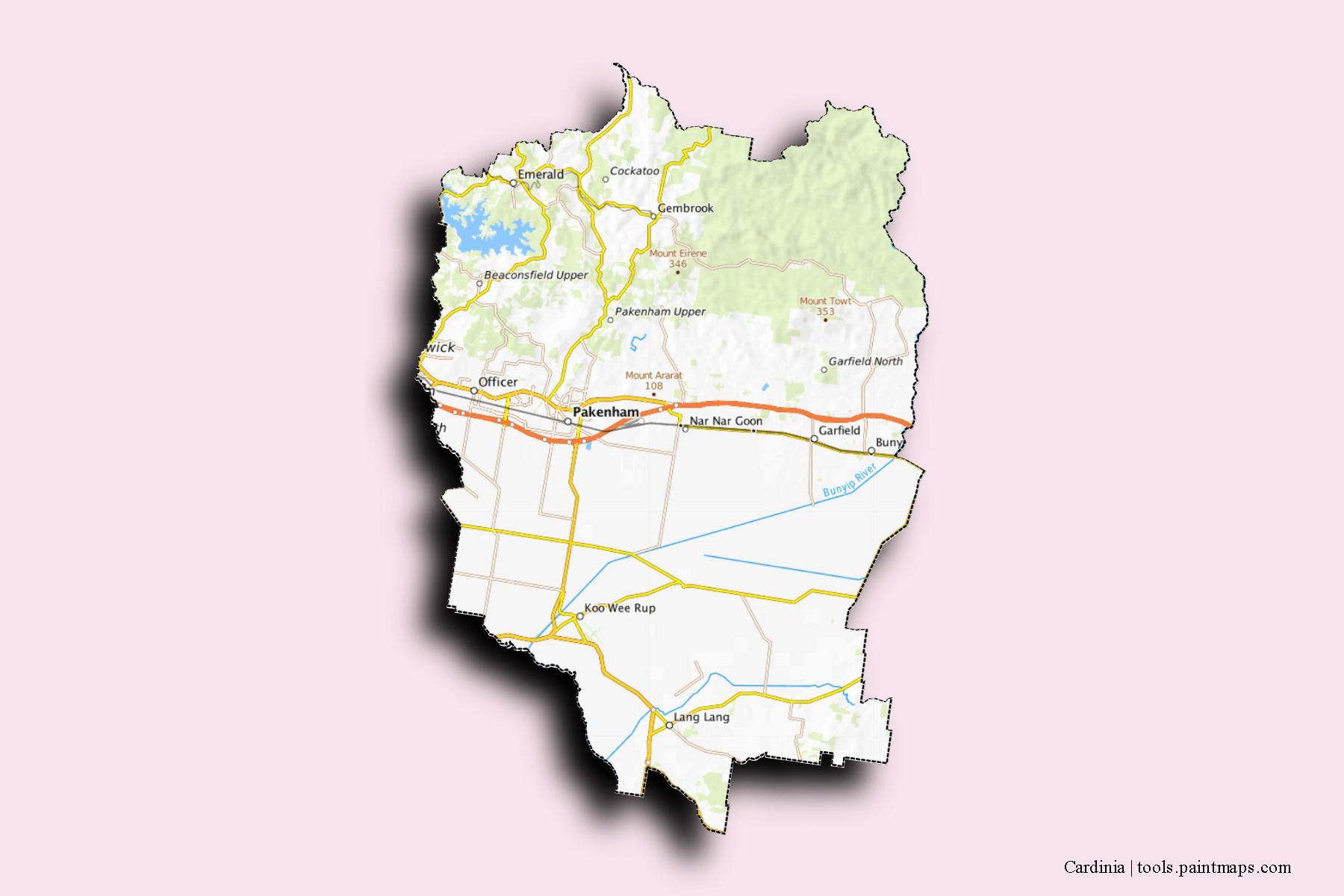 Cardinia neighborhoods and villages map with 3D shadow effect