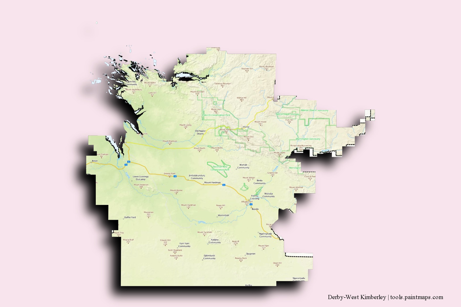 Mapa de barrios y pueblos de Derby-West Kimberley con efecto de sombra 3D