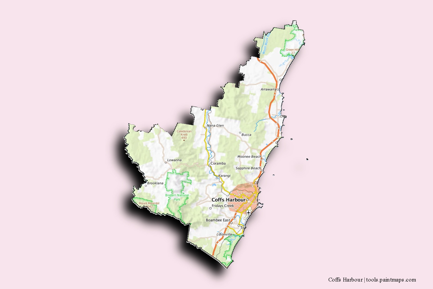 Coffs Harbour neighborhoods and villages map with 3D shadow effect