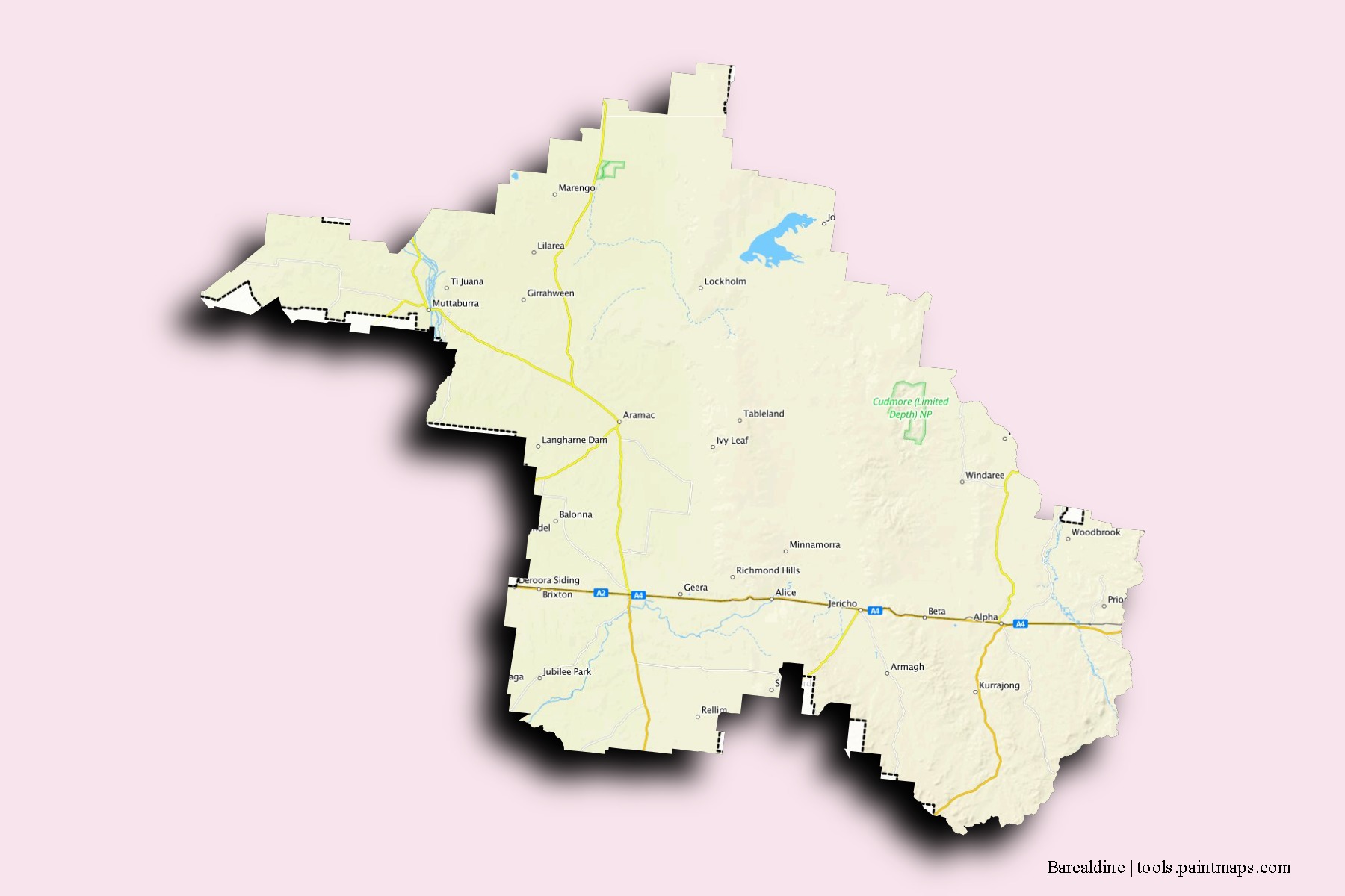 Mapa de barrios y pueblos de Barcaldine con efecto de sombra 3D